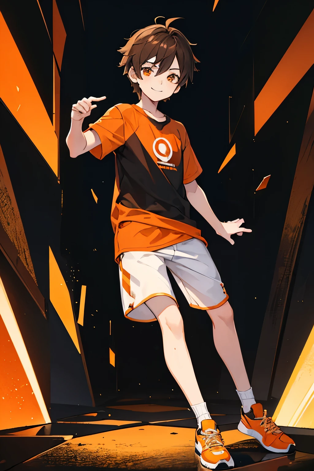 A drawing of a young boy, sporty and with a small smile, of Brown hair, with an orange t-shirt and another black full body shirt underneath. with white shorts. In the background a bright orange crystal in a dark place.