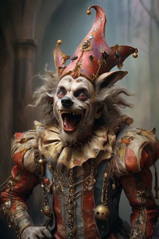 award winning photograph of a jolly wolf jester with rugged charm in king's court,magical,whimsical,fantasy art concept,intricate details,best quality,masterpiece,ultra sharp,hyper realistic,realism,1980s Fantasy Style,vivid color,