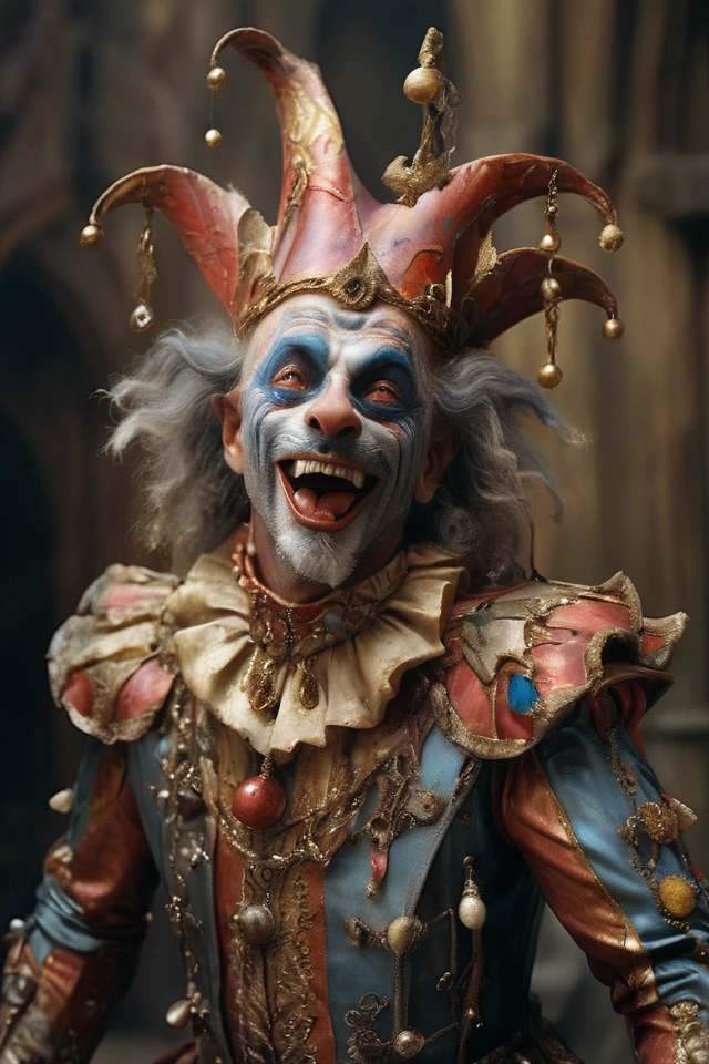 award winning photograph of a jolly wolf jester with rugged charm in king's court,magical,whimsical,fantasy art concept,intricate details,best quality,masterpiece,ultra sharp,hyper realistic,realism,1980s Fantasy Style,vivid color,