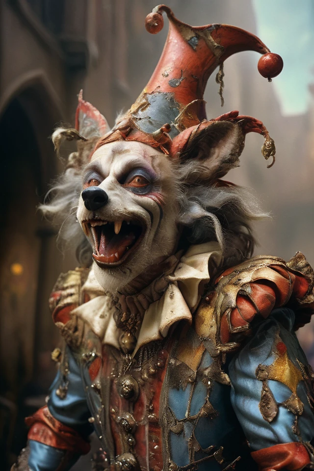 award winning photograph of a jolly wolf jester with rugged charm in king's court,magical,whimsical,fantasy art concept,intricate details,best quality,masterpiece,ultra sharp,hyper realistic,realism,1980s Fantasy Style,vivid color,