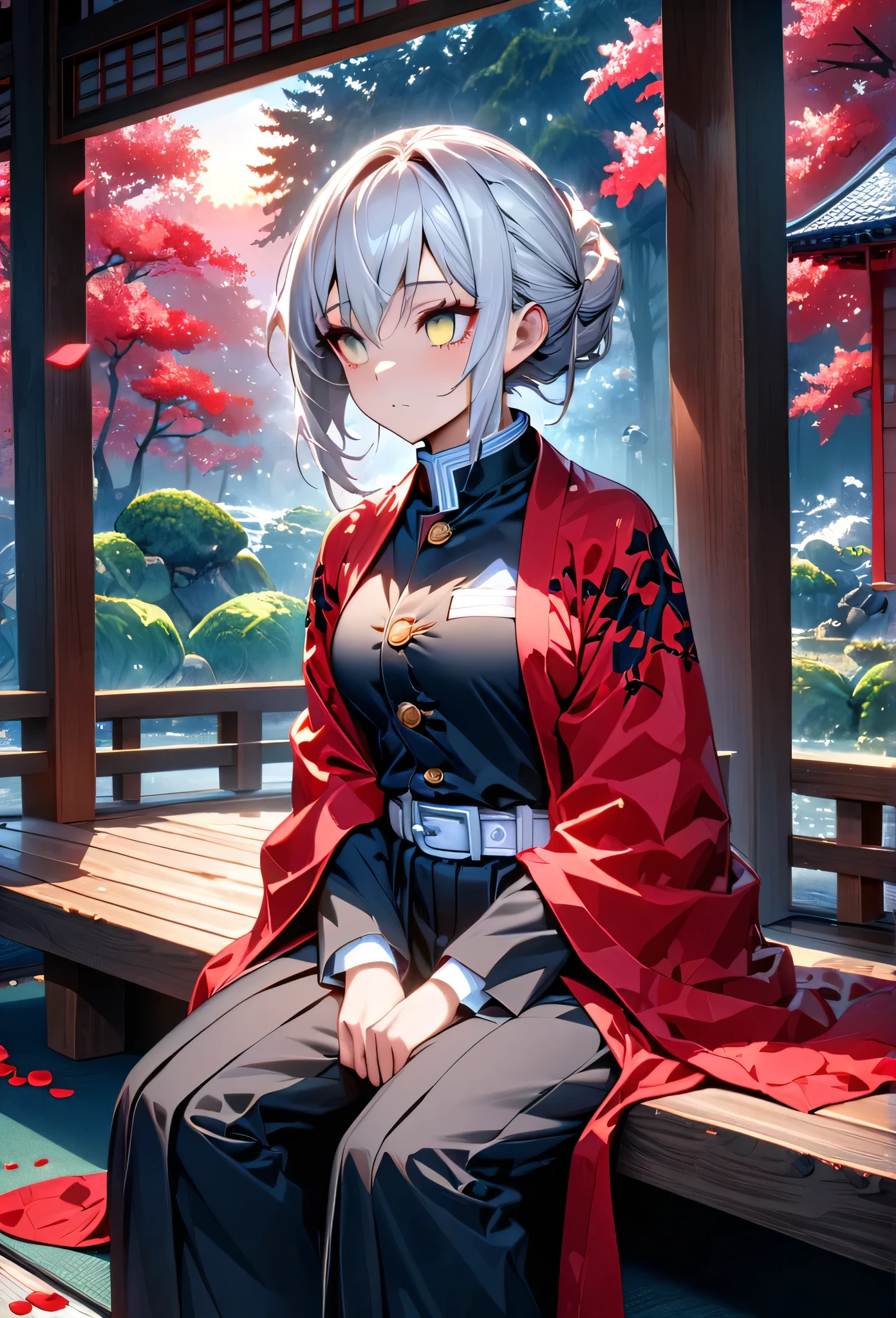 Ultra detailed, high resolution, absurd, HDR, masterpiece, anime girl, beautiful woman, long white hair with red streaks, expressive yellow eyes, red haori, black demon slayer uniform, wearing black pants,Kimetsu No Yaiba, fantasy , petals, red flowers, beautiful, woman sitting alone on a wooden bench, alone, afternoon, sun, forest next to a Japanese house, best quality, extremely detailed face and eyes, expressionless, apathetic, deep dark circles under the eyes of someone who hasn't slept, eyes without light