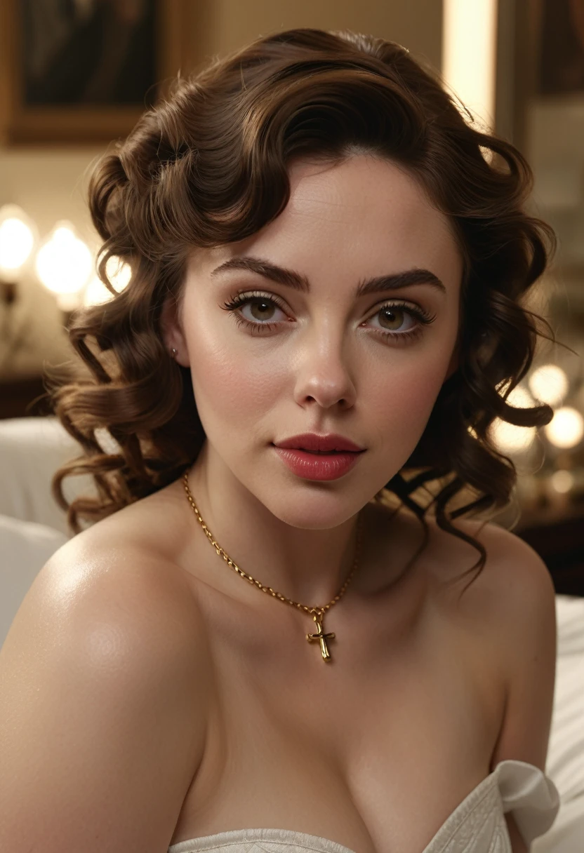 A beautful jewish women with a thick bushy unibrow and a large bulbous nose. Thick, intense, curly, frizzy, long brown hair. Hair that clogs a drain after one shower. Hair you find on pillows and in corners of the room and in your refrigerator six months after the head from which it grew last visited. Hair that could not be straightened even if you had four hours and three hairdressers double-fisting blow driers. Hair that screams: Jew. Traditional jewish dress, luxurious long dress、hat. curvy hourglass figure. Ultra HD, the symmetrical face, photorealistic photography, path tracing, specular lighting, and volumetric face light enhance the details. Alison Brie, Dove Cameron, Scarlett Johanson. Epc lighting, striking silhouette. crucifix necklace. The symmetrical face, photorealistic photography, path tracing, specular lighting, and volumetric face light enhance the details. The scene is captured in maximum quality, masterpiece, 8K high resolution, and top quality