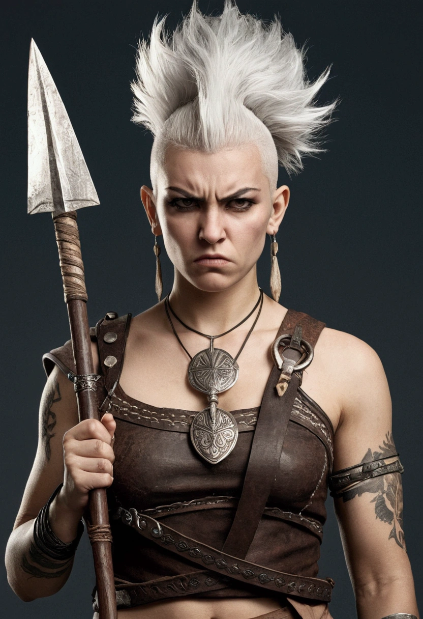 greek, human, female, white hair, angry face, holding two spear, no armor, clothes on, mohawk hair, tattoo