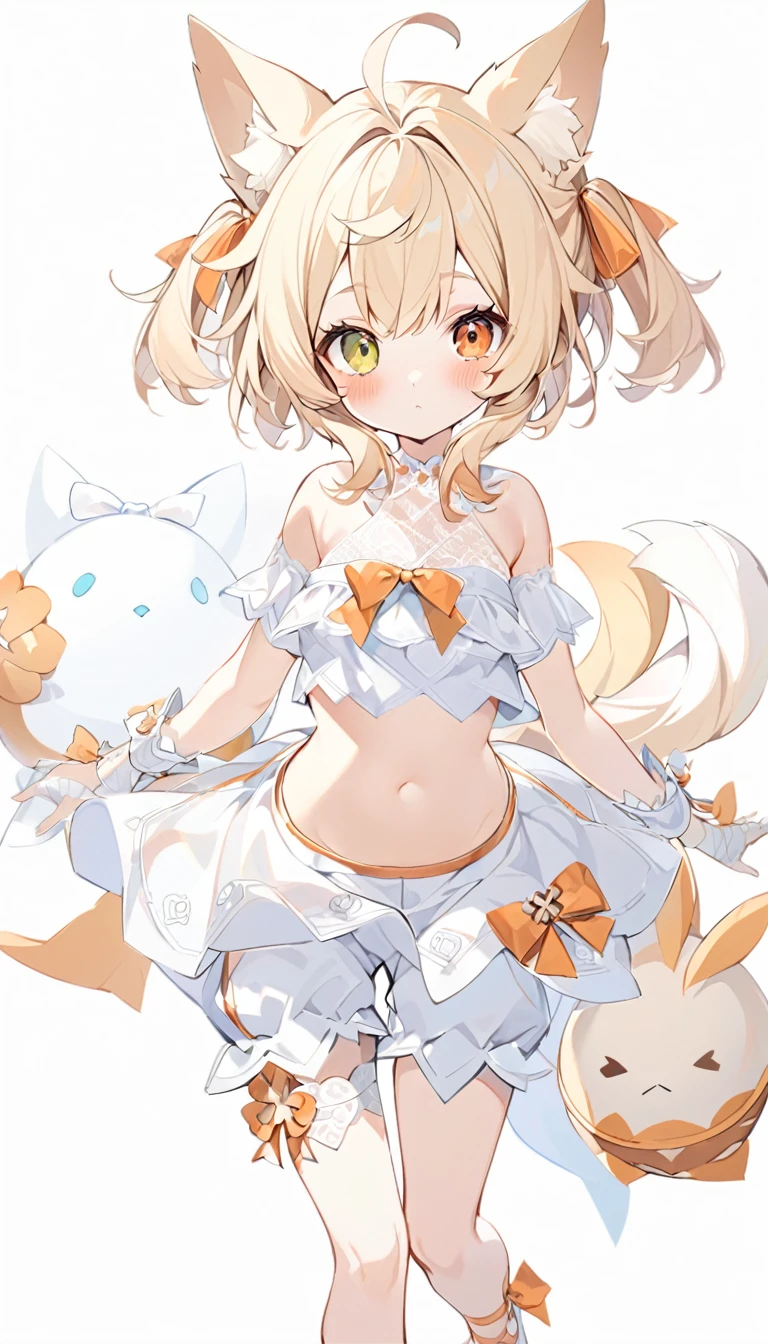 The fox girl,1girl,short hair, The hairstyle is like Klee's,animal ears, bangs, bare shoulders, blonde hair, blush, bow, breasts, white cleavage, cropped torso, , green eyes, hair ribbon, heterochromia, , looking at viewer, , orange bow, orange eyes, orange ribbon,  ribbon, solo, stuffed animal, , , twintails, upper body, full-length, white legbands, white shoes with lace and white bows, white background, wrist cuffs, yellow eyes, bloomers, close-up, fair skin frills, lace, midriff, skirt, solo, , white background,shorts, white top with ribbon and lace and trousers,trousers, genshin,white slippers with a bow,All clothes are white, laceAt full height, it stands,bandaged hands, short hair , ankle lace-up, ankle ribbon, bow, leg ribbon, lineart, , shoes, , standing, , white bow, white footwear,