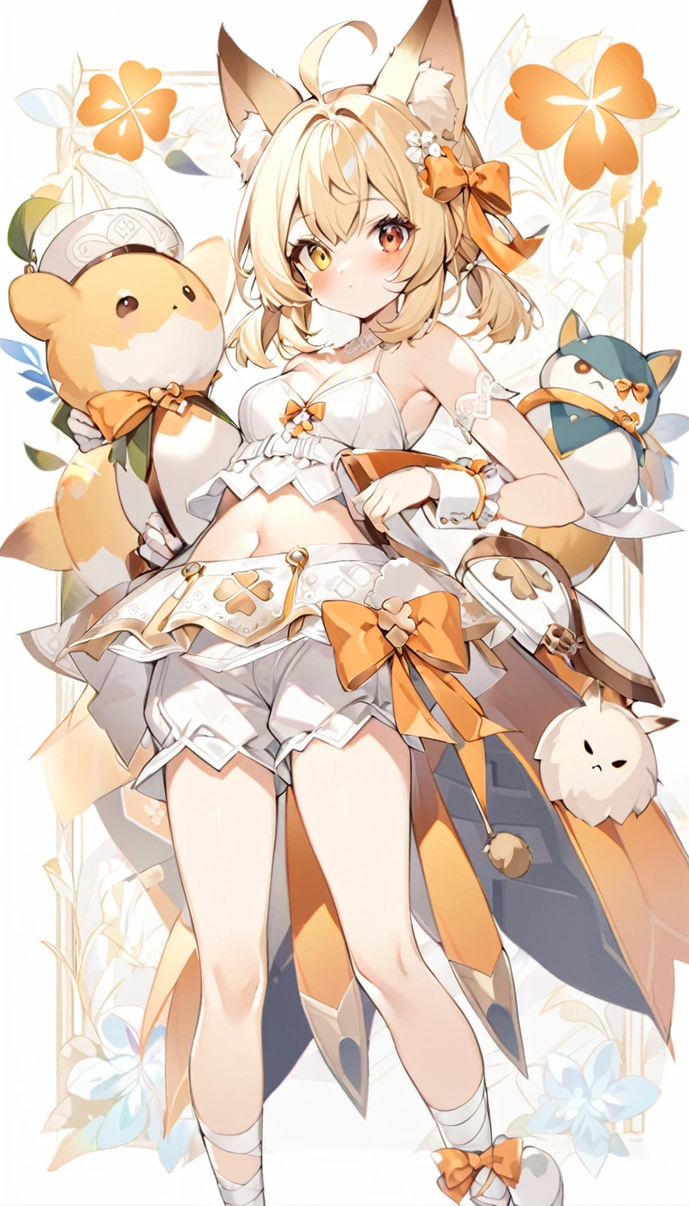 The fox girl,1girl,short hair, The hairstyle is like Klee's,animal ears, bangs, bare shoulders, blonde hair, blush, bow, breasts, white cleavage, cropped torso, , green eyes, hair ribbon, heterochromia, , looking at viewer, , orange bow, orange eyes, orange ribbon, ribbon, solo, stuffed animal, , , twintails, upper body, full-length, white legbands, white shoes with lace and white bows, white background, wrist cuffs, yellow eyes, bloomers, close-up, fair skin frills, lace, midriff, skirt, solo, , white background,shorts, white top with ribbon and lace and trousers,trousers, genshin,white slippers with a bow,All clothes are white, laceAt full height, it stands,bandaged hands, short hair , ankle lace-up, ankle ribbon, bow, leg ribbon, lineart, , shoes, , standing, , white bow, white footwear,