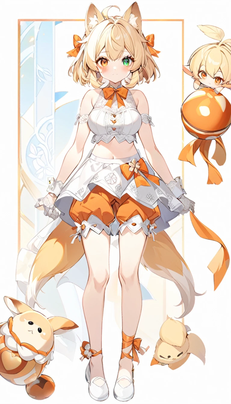 The fox girl,1girl,short hair, The hairstyle is like Klee's,animal ears, bangs, bare shoulders, blonde hair, blush, bow, breasts, white cleavage, cropped torso, , green eyes, hair ribbon, heterochromia, , looking at viewer, , orange bow, orange eyes, orange ribbon, ribbon, solo, stuffed animal, , , twintails, upper body, full-length, white legbands, white shoes with lace and white bows, white background, wrist cuffs, yellow eyes, bloomers, close-up, fair skin frills, lace, midriff, skirt, solo, , white background,shorts, white top with ribbon and lace and trousers,trousers, genshin,white slippers with a bow,All clothes are white, laceAt full height, it stands,bandaged hands, short hair , ankle lace-up, ankle ribbon, bow, leg ribbon, lineart, , shoes, , standing, , white bow, white footwear,