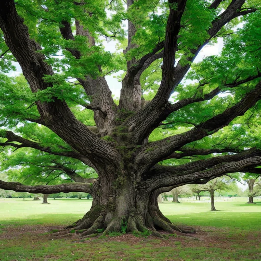 arafed tree in a park with green leaves and a bench, oak tree, large tree, elm tree, one giant oak, rich tree, oak trees, huge central tree, giant tree, a beautiful tree, big tree, old tree, the oak tree, massive tree, big oak trees, tall broad oaks, big green tree, arboreal, realism, 4k, ((ultra high quality)), textured