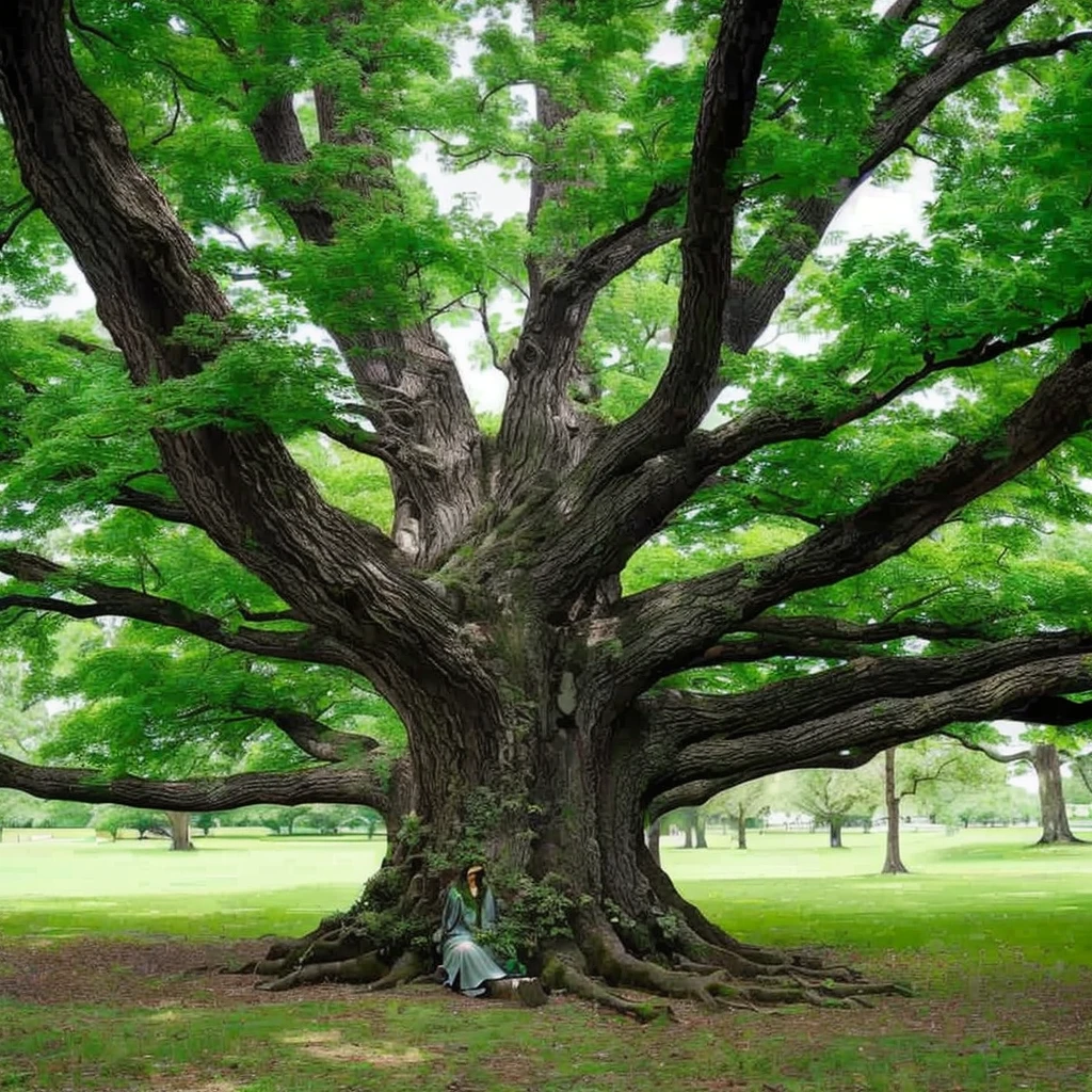 arafed tree in a park with green leaves and a bench, oak tree, large tree, elm tree, one giant oak, rich tree, oak trees, huge central tree, giant tree, a beautiful tree, big tree, old tree, the oak tree, massive tree, big oak trees, tall broad oaks, big green tree, arboreal, realism, 4k, ((ultra high quality)), textured