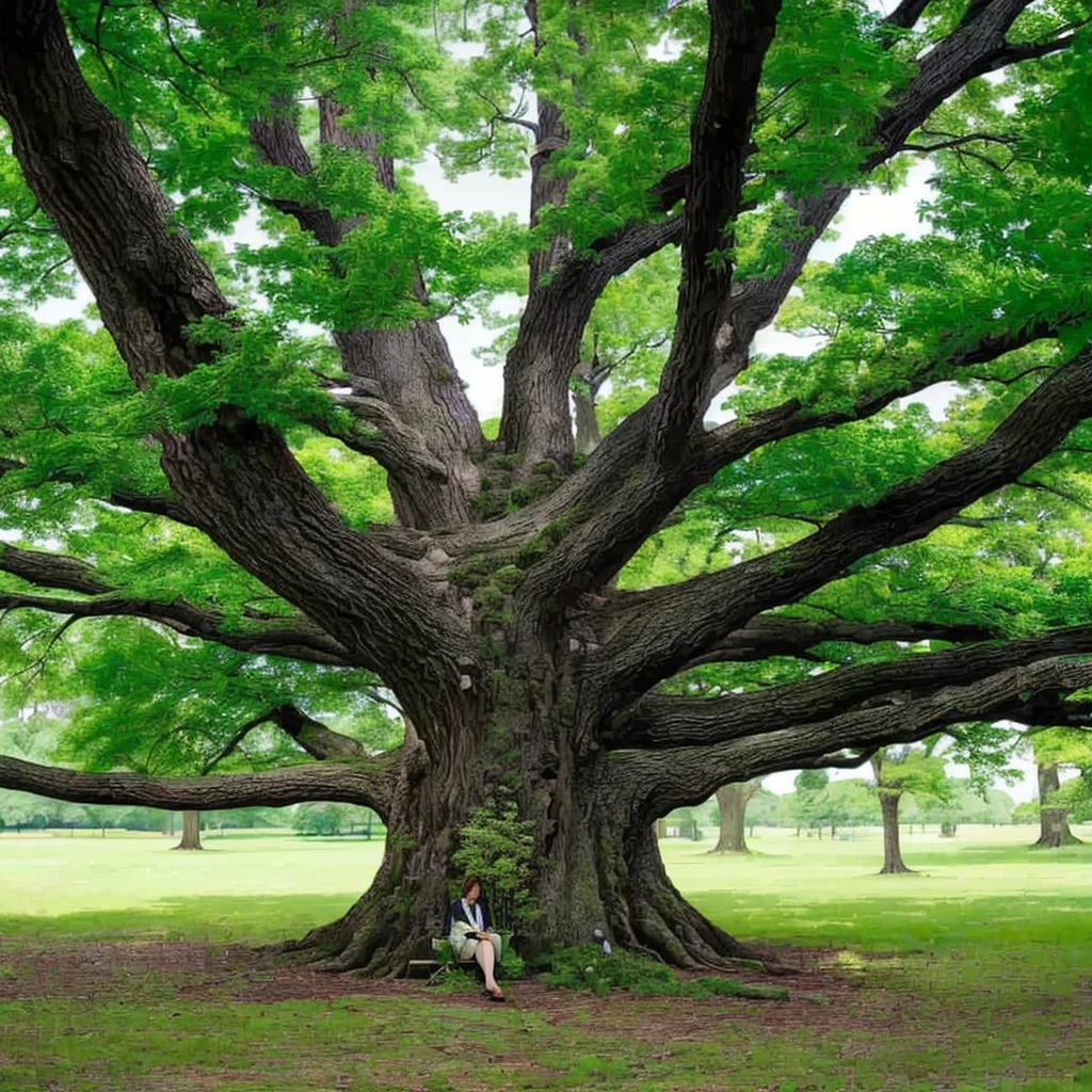 arafed tree in a park with green leaves and a bench, oak tree, large tree, elm tree, one giant oak, rich tree, oak trees, huge central tree, giant tree, a beautiful tree, big tree, old tree, the oak tree, massive tree, big oak trees, tall broad oaks, big green tree, arboreal, realism, 4k, ((ultra high quality)), textured
