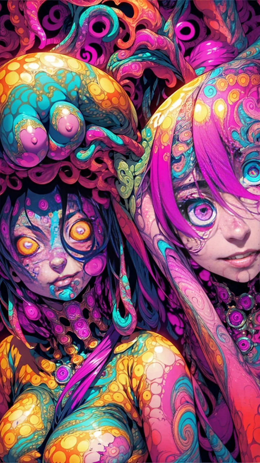 Seductive psychedelic horror, Trippy Hentai, body horror, having sex, real breasts, detailed nipples, surreal Sex, ??? trip, sensual, psychedelic vaginal sex, provocative, colorful, glowing