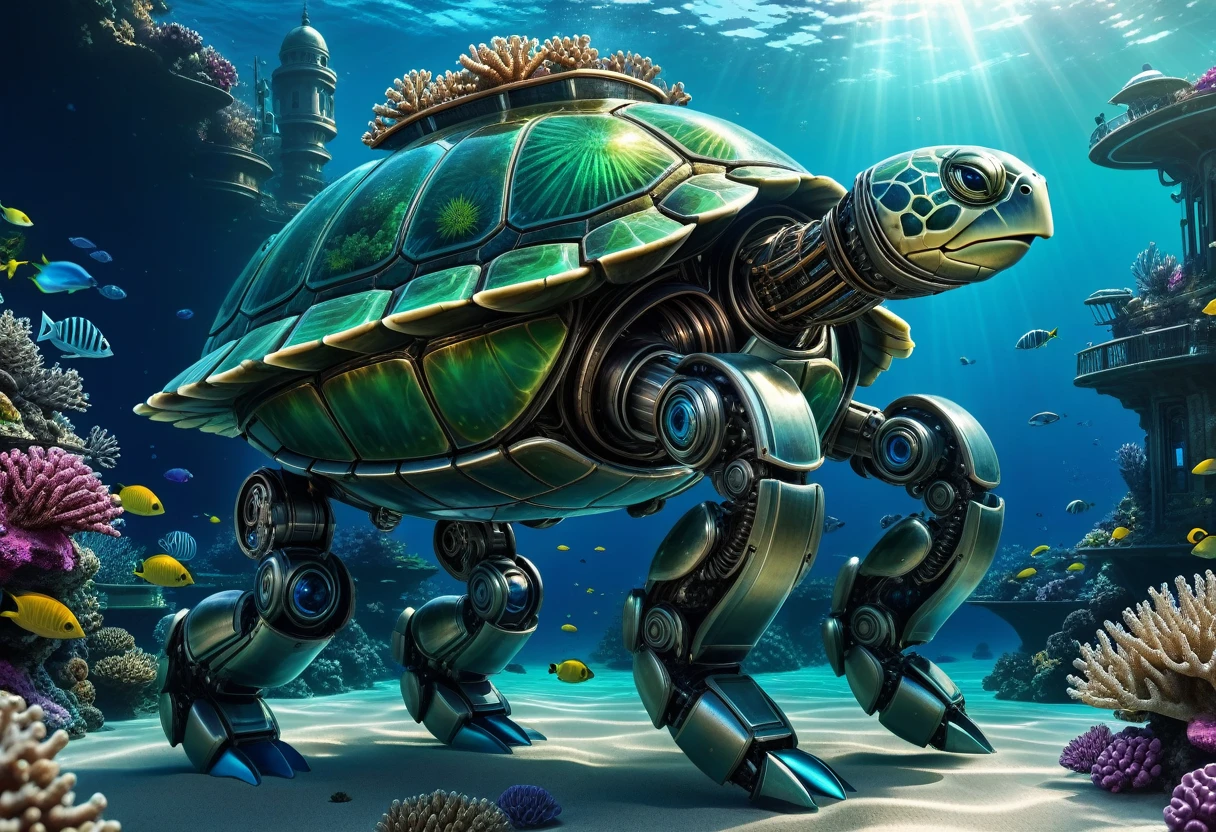 a huge full metal android robot turtle, carrying a futuristic underwater city on its back, smilling,funny,fantasy ,detailed mechanical exoskeleton, intricate gears and joints, advanced technology, underwater sci-fi landscape, bioluminescent coral reefs, shimmering blue-green ocean, dramatic lighting, photorealistic, 8k, cinematic composition, digital art, concept art