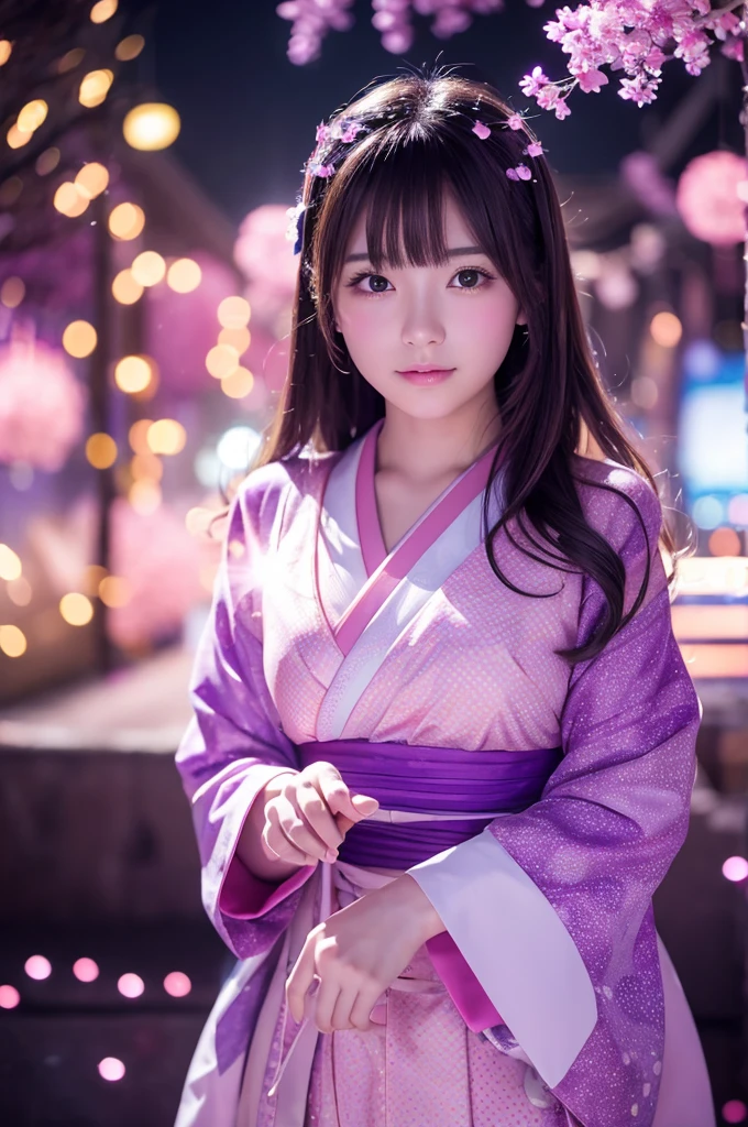 This image is、Featuring ultra-realistic, live-action Japanese beauties。The background is dotted with magical lights.、Pink and purple light、Floating transparent bubbles floating around。The beautiful girl's costume is a light pink dress.、It features a relaxed design。The pose is looking back、Showing a natural look。As a photographic technique、Use soft focus、Emphasizing the fantastical atmosphere。By skillfully using the placement of lights and the reflection of light,、The beautiful girl's contours and facial expressions are photographed in a way that makes them stand out softly.。The composition on a vertical screen、The light balance between the subject and the background is well captured.。
