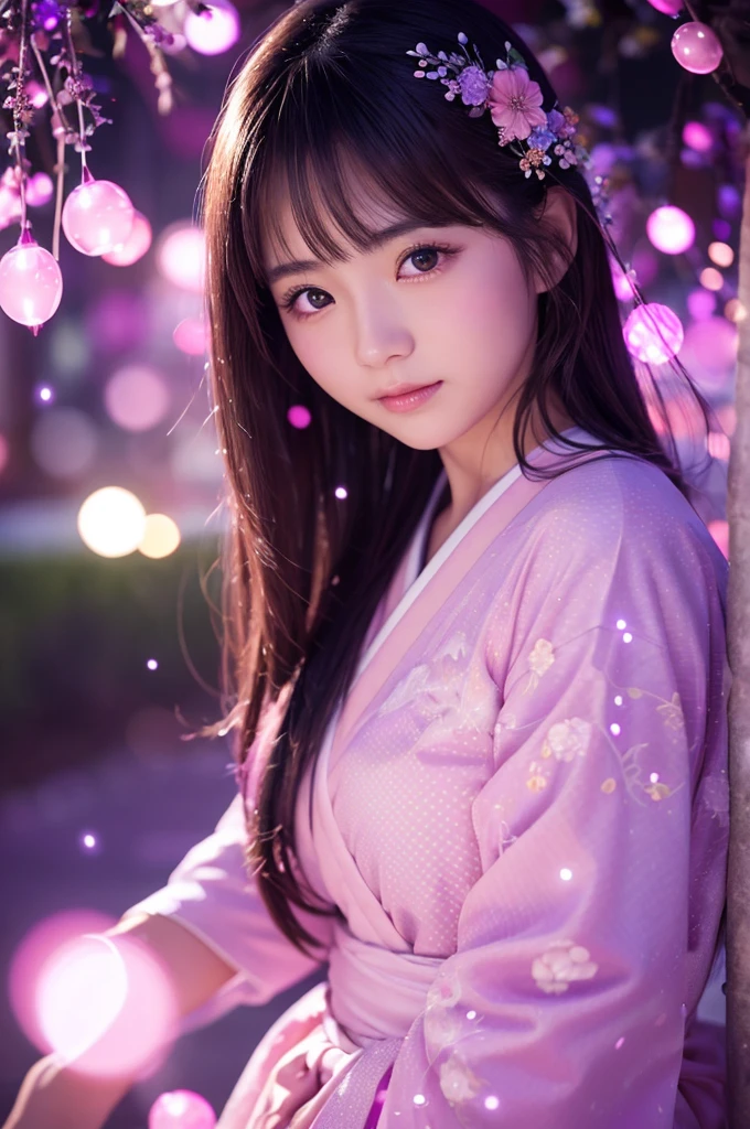 This image is、Featuring ultra-realistic, live-action Japanese beauties。The background is dotted with magical lights.、Pink and purple light、Floating transparent bubbles floating around。The beautiful girl&#39;s costume is a light pink dress.、It features a relaxed design。The pose is looking back、Showing a natural look。As a photographic technique、Use soft focus、Emphasizing the fantastical atmosphere。By skillfully using the placement of lights and the reflection of light,、The beautiful girl&#39;s contours and facial expressions are photographed in a way that makes them stand out softly.。The composition on a vertical screen、The light balance between the subject and the background is well captured.。