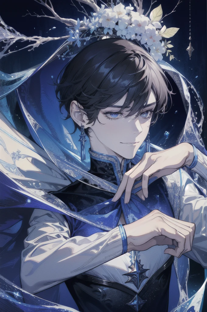 (absurdres, highres, ultra detailed), 1 male, adult, handsome, tall muscular guy, broad shoulders, finely detailed eyes, dark color hair, fantasy, complex pattern, detailed face, throne, magic effect, best ratio four finger and one thumb, ice, bitter cold, cold snap, smile, (dutch angle), closed mouth