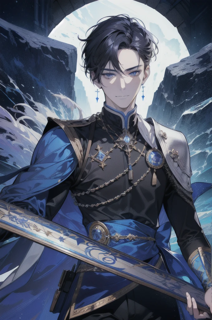 (absurdres, highres, ultra detailed), 1 male, adult, handsome, tall muscular guy, broad shoulders, finely detailed eyes, dark color hair, fantasy, complex pattern, detailed face, throne, magic effect, best ratio four finger and one thumb, ice, bitter cold, cold snap, smile, (dutch angle), closed mouth