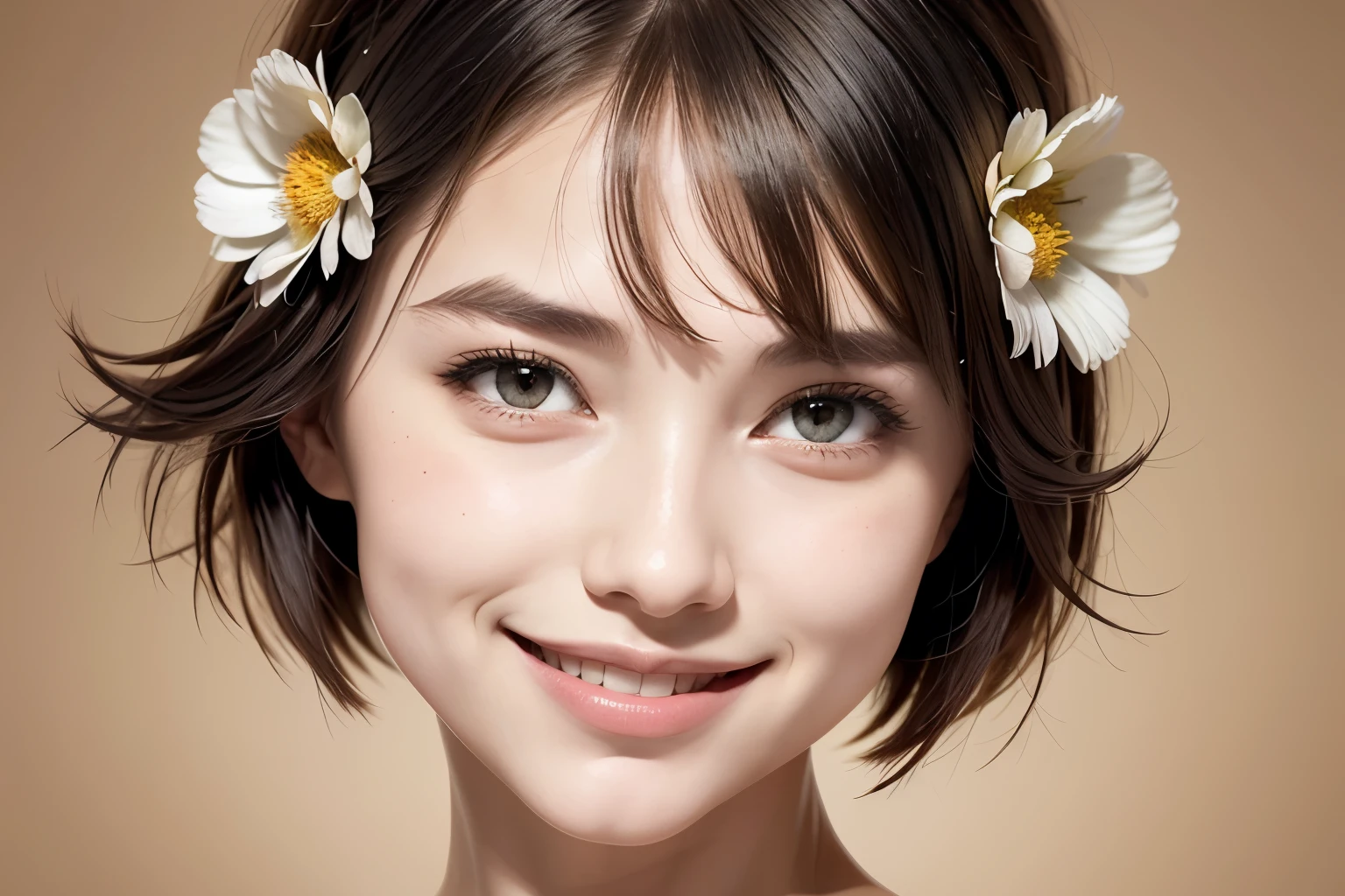 257 20-year-old female, (short hair),(Abstract background,Fractal Art), smile, flower