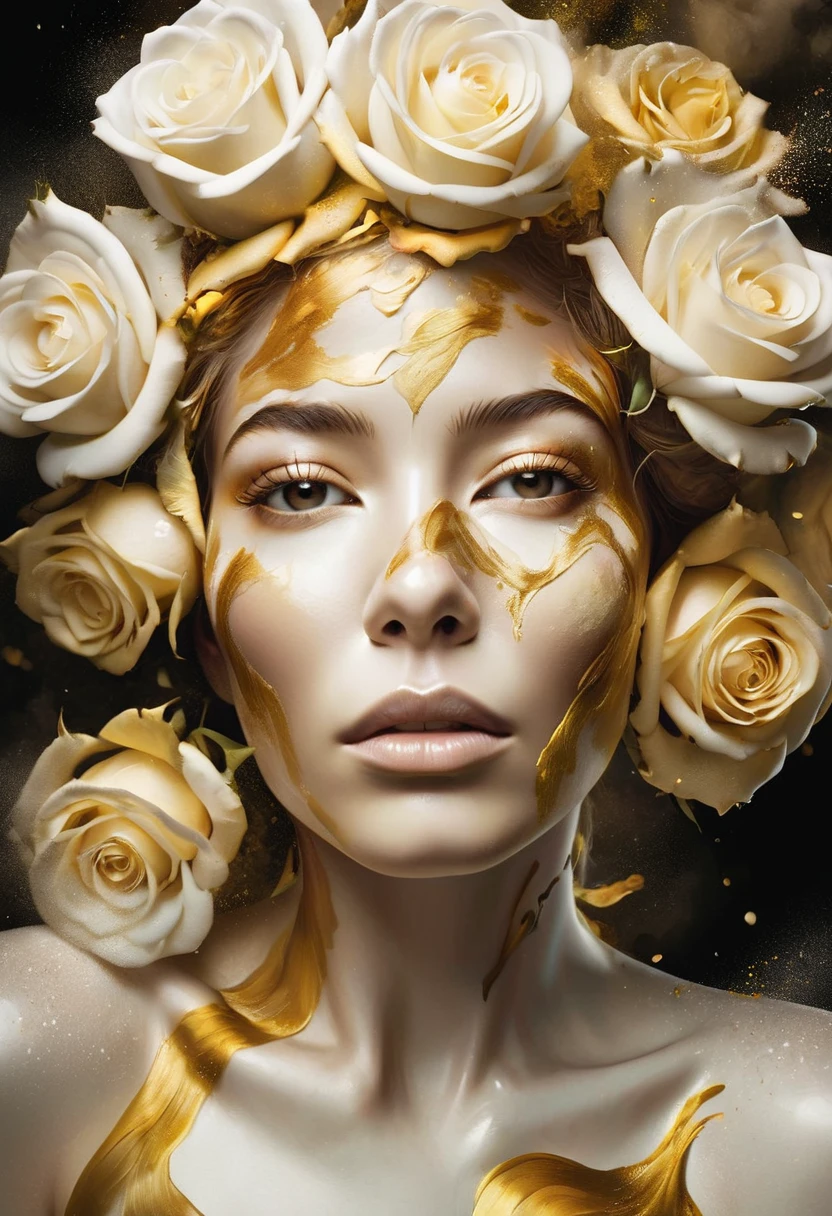 A concept art inspired ultra-detailed artistic abstract photograph of a woman's face with voluminous golden white roses adorning her features, set against an atmospheric backdrop reminiscent of Alberto Seveso's work. The mix of gold and white colors creates a dazzling color explosion that enhances the intricate details of the image.