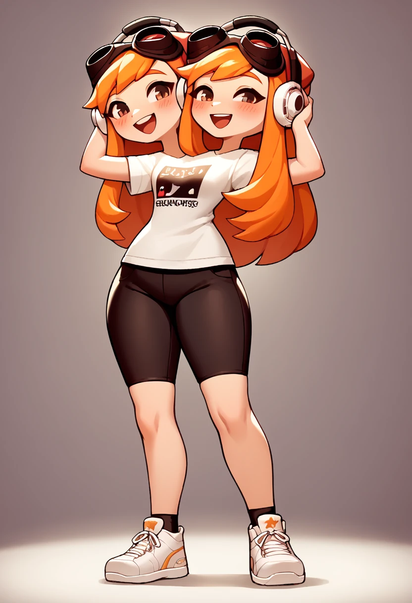 masterpiece, best quality, meggy, orange hair, headphones, goggles on head,  white hoodie, black t-shirt, black spandex shorts, sneakers, low angle, tall slender body, wide hips, thicc thighs, happy, blushing, out of focus background, shaking hips, dance ((two heads))