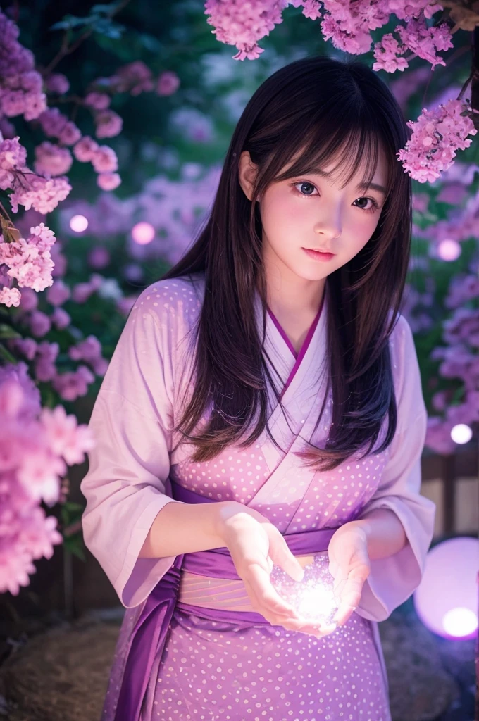 This image is、Featuring ultra-realistic, live-action Japanese beauties。The background is dotted with magical lights.、Pink and purple light、Floating transparent bubbles floating around。The beautiful girl's costume is a light pink dress.、It features a relaxed design。The pose is looking back、Showing a natural look。As a photographic technique、Use soft focus、Emphasizing the fantastical atmosphere。By skillfully using the placement of lights and the reflection of light,、The beautiful girl's contours and facial expressions are photographed in a way that makes them stand out softly.。The composition on a vertical screen、The light balance between the subject and the background is well captured.。