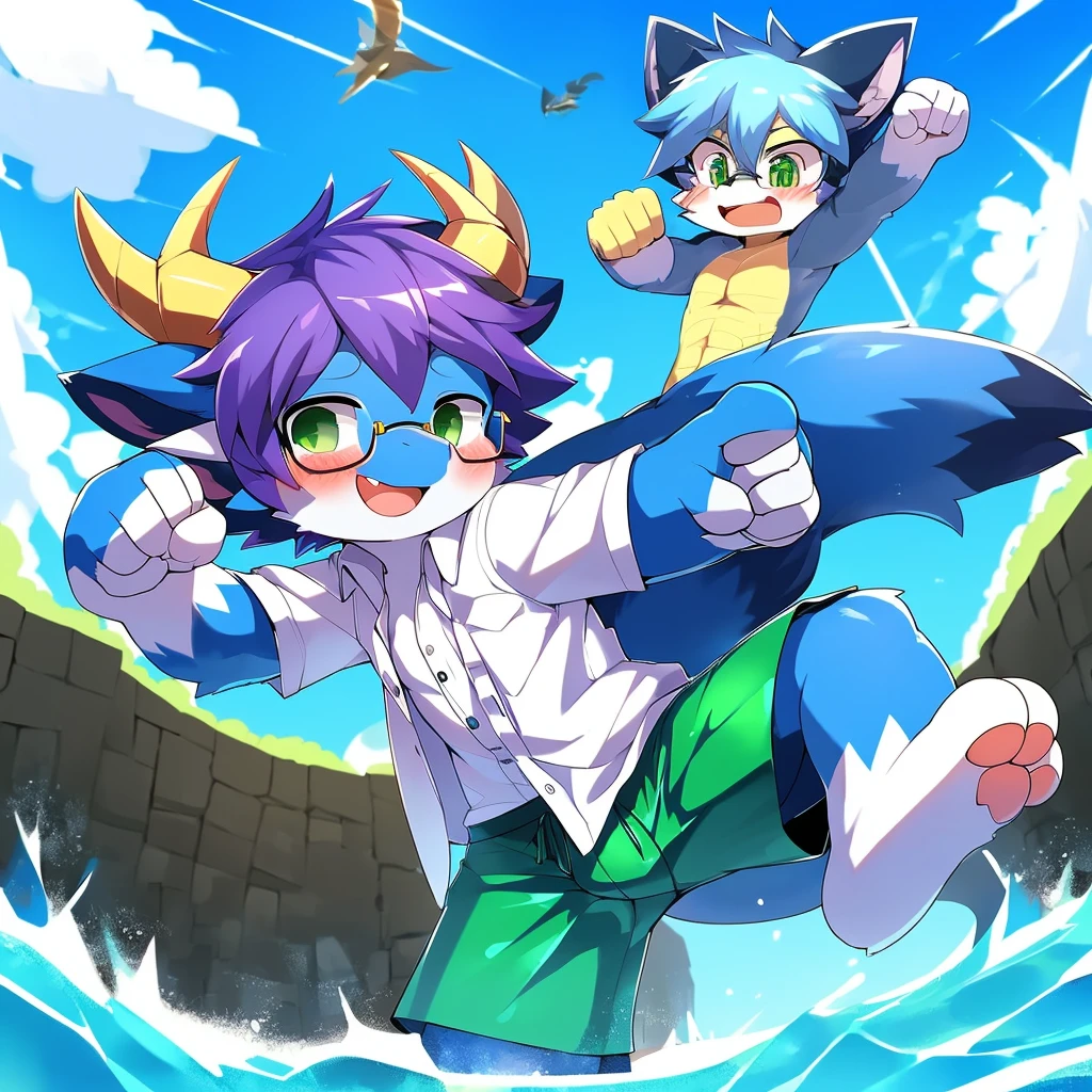 score_9,score_8_high,score_7_high, source_cartoon, source_furry, dragon cub, horns, green eyes, tail, purple hair, shota, furry, blushing, dragon tail, looking at viewer, smiling, dragon horns, pointy ears, short hair, furry male, (two-tone body fur, blue body fur, white body fur), ((glasses, white Hawaiian shirt, open clothing, black swim trunks)), clear sky, clouds, full body, three-toed feet, 3 toes, feet pointing towards viewer, from above, dynamic action shot, motion blur, ((fighting pose, fighting stance, fist, punching, high legs)),fromMolecular Interactions FENZ, Online drama distribution license