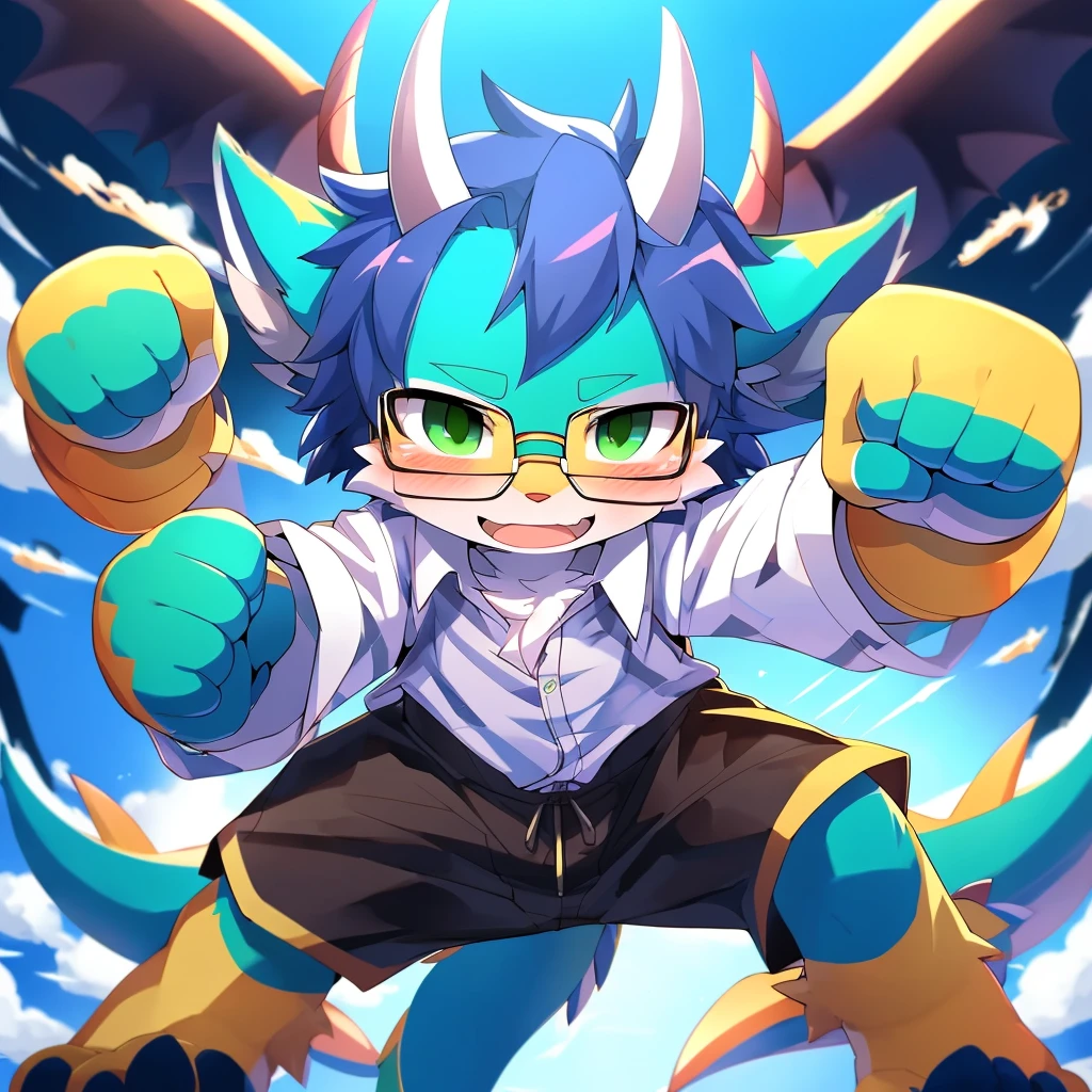 score_9,score_8_high,score_7_high, source_cartoon, source_furry, dragon cub, horns, green eyes, tail, purple hair, shota, furry, blushing, dragon tail, looking at viewer, smiling, dragon horns, pointy ears, short hair, furry male, (two-tone body fur, blue body fur, white body fur), ((glasses, white Hawaiian shirt, open clothing, black swim trunks)), clear sky, clouds, full body, three-toed feet, 3 toes, feet pointing towards viewer, from above, dynamic action shot, motion blur, ((fighting pose, fighting stance, fist, punching, high legs)),fromMolecular Interactions FENZ, Online drama distribution license