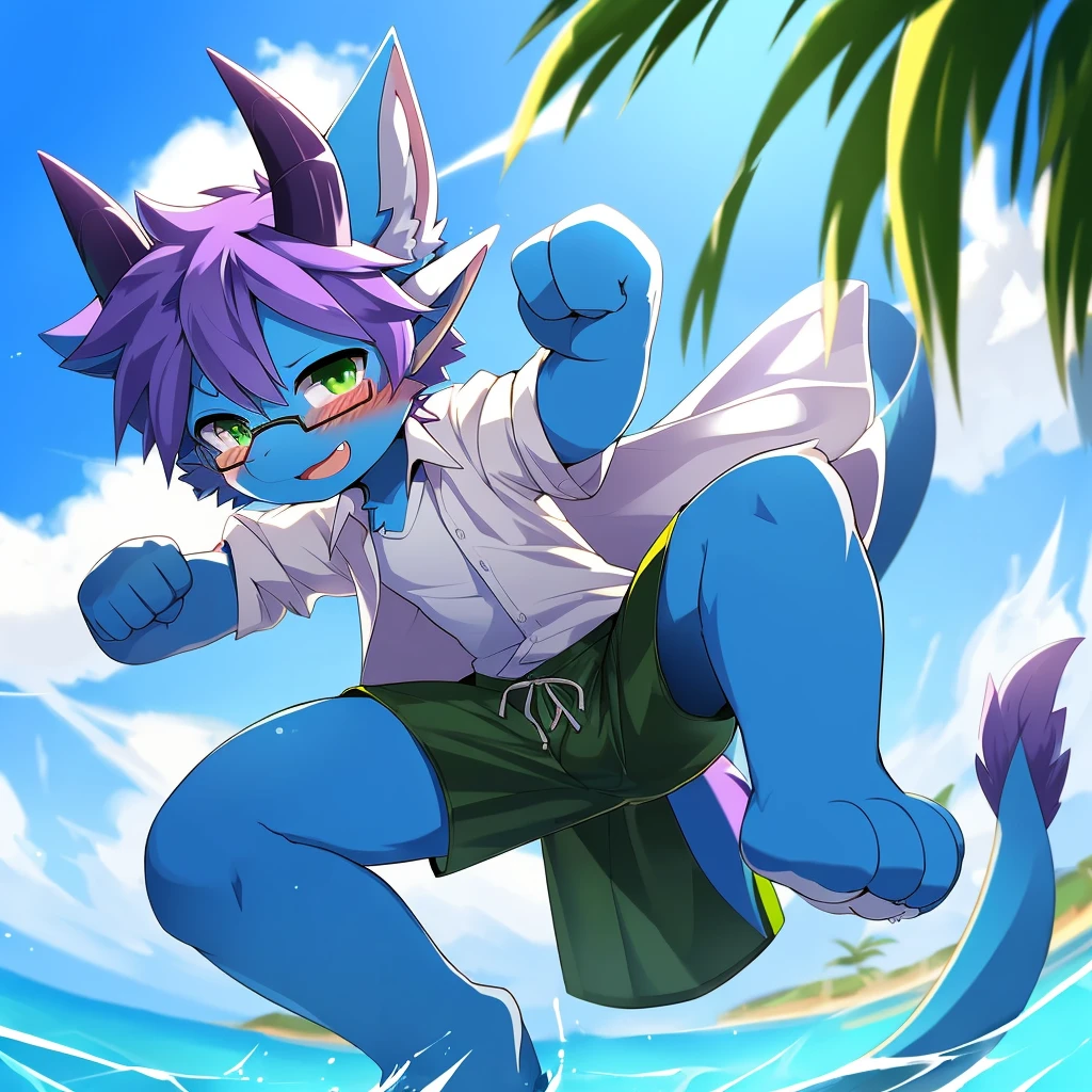 score_9,score_8_high,score_7_high, source_cartoon, source_furry, dragon cub, horns, green eyes, tail, purple hair, shota, furry, blushing, dragon tail, looking at viewer, smiling, dragon horns, pointy ears, short hair, furry male, (two-tone body fur, blue body fur, white body fur), ((glasses, white Hawaiian shirt, open clothing, black swim trunks)), clear sky, clouds, full body, three-toed feet, 3 toes, feet pointing towards viewer, from above, dynamic action shot, motion blur, ((fighting pose, fighting stance, fist, punching, high legs)),fromMolecular Interactions FENZ, Online drama distribution license