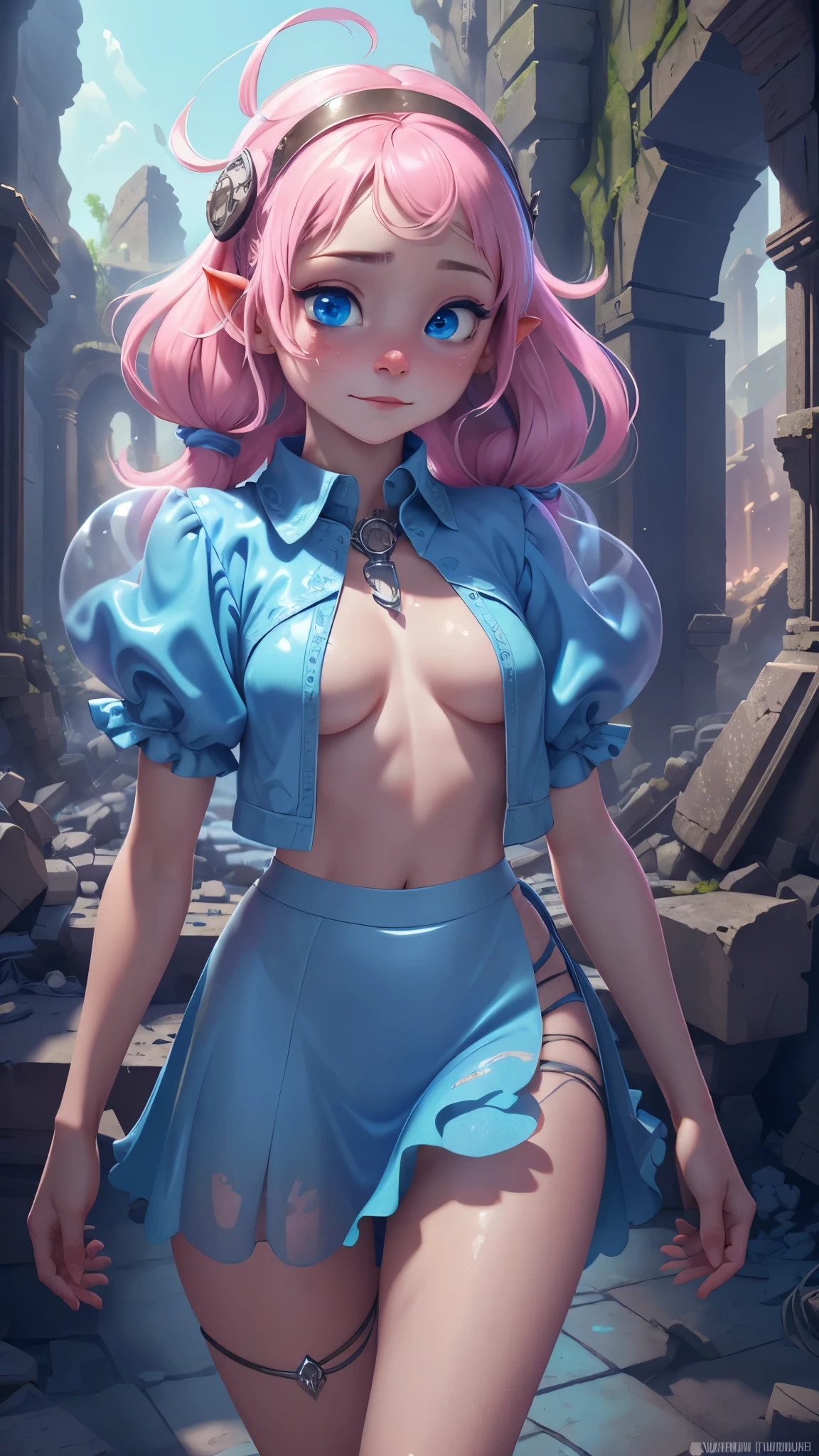 8k, ray tracing, vibrant colors, (aafranziska, light blue hair:1.5), (:2.0), ascot, (topless, nsfw, exposed breasts, small breasts, flat chest:1.4), puffy sleeves, pencil skirt, pantyhose, black gloves, jewelry, earrings, slim figure, masterpiece, sharp focus, Best Quality, depth of field, cinematic lighting, very detailed clothes, (condom belt, condom hair ornament:1.2), ((so embarrassed, blush)), elbow gloves, Perfect eyes, perfect hair, Rich in details and textures, masterpiece, Best Quality, beautiful girl, Sun light, chiaroscuro, (perfect hands:0.7, Clean hands:0.7), ((((Professional photography)))), ((Dream)), Whole body