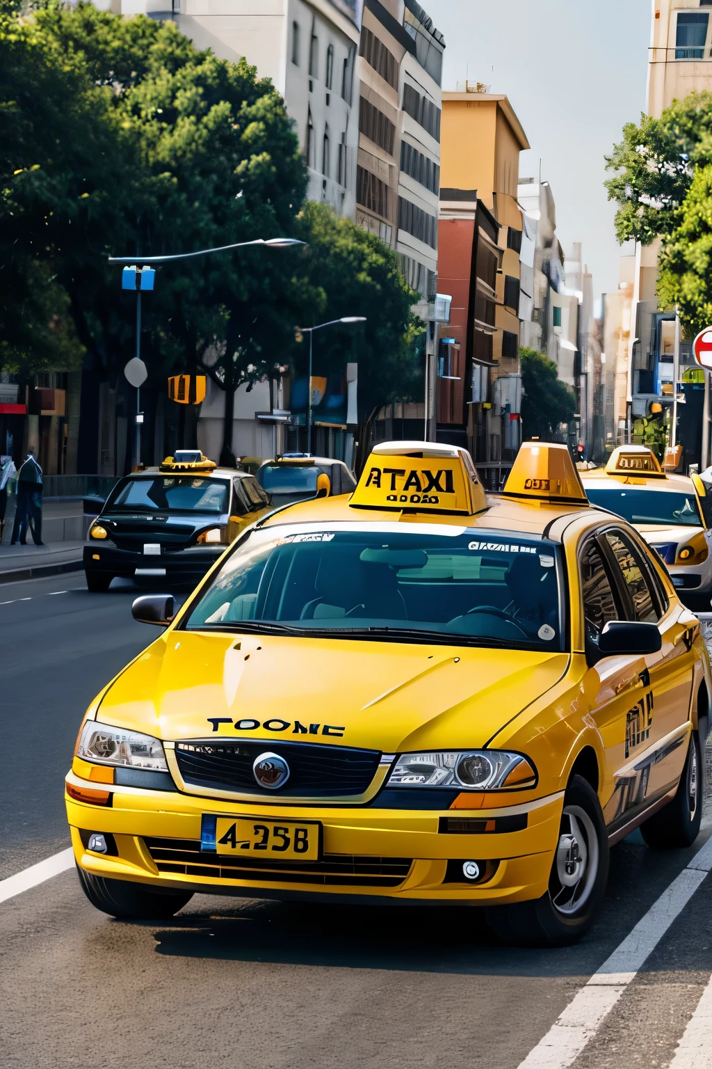 Taxi moving on the road and coming towards the policeman