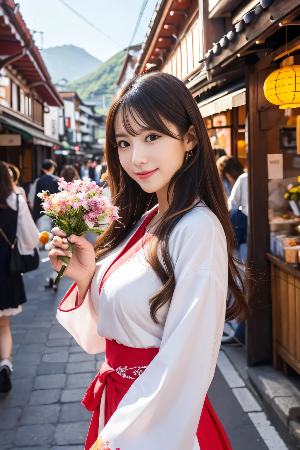 (Best quality, High-resolution, Ultra-detailed: 1.2), HDR, vibrant colors, Very beautiful girl, 25yo, Japanese, Big Breasts: 1.2, Tokyo streets, lively atmosphere, captivating architecture, blooming cherry blossoms, cheerful people, breathtaking view, cozy cafe, outdoor dining, sunny weather, elegant hanbok dress, fashionable accessories, radiant smile, long flowing hair, lively street performers, bustling crowd, traditional music, mouthwatering street food, iconic landmarks, traditional markets, decorative lanterns, picturesque mountains, clear blue sky, warm sunshine, joyful laughter and happy moments
