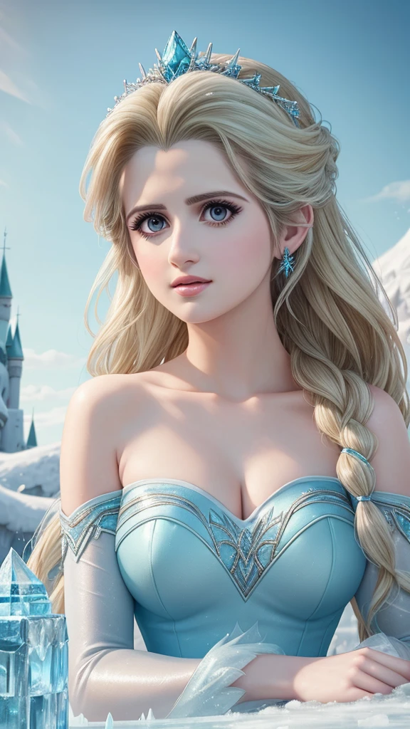 close-up of (Laura Marano) as Elsa from frozen sitting like a lady under a tree on the ice and looking at the sky, lots of details, beautiful, elsa from frozen, high quality, photo-realistic, octane render, unreal engine, ultra-realistic, (ice castle in background), (big breasts)