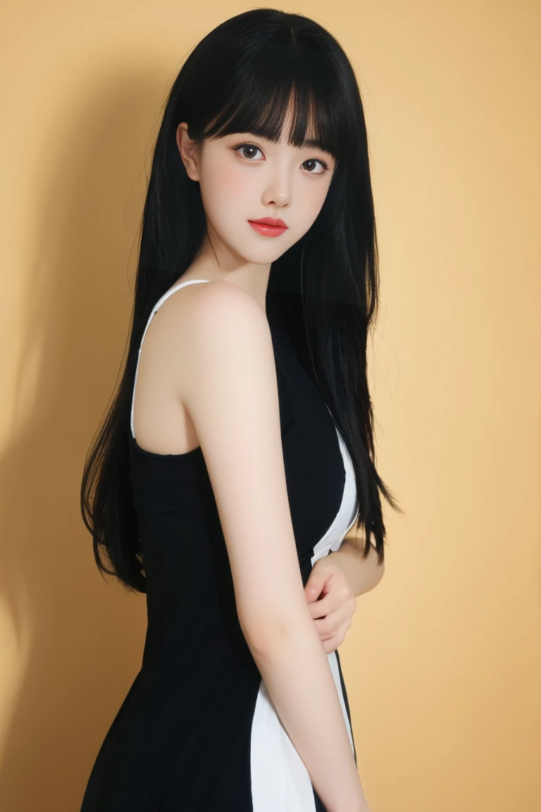 ulzzang-6500-v1.1,(raw photo:1.2),((photorealistic:1.30)), ((best quality)) ,((masterpiece)),((Ultra High Resolution)), ((Clear View)),,Ultra-high resolution,Clear face,（Reality：1.4) ,  illustration, an extremely delicate and beautiful, extremely detailed ,CG ,unity ,8k wallpaper, Amazing, finely detail, masterpiece,best quality,official art,extremely detailed CG unity 8k wallpaper,absurdres, incredibly absurdres, huge filesize, ultra-detailed, highres, extremely detailed,beautiful detailed girl, extremely detailed eyes and face, beautiful detailed eyes,light on face,cinematic lighting,1girl, 独奏, long hair, black hair, bangs, jewelry, Earring, (upper body),((looking at viewer:1.7)),indoors, room, Dress, (black dress:1.3), standing, blue eyes, Double eyelids, Blush, flushed cheeks,