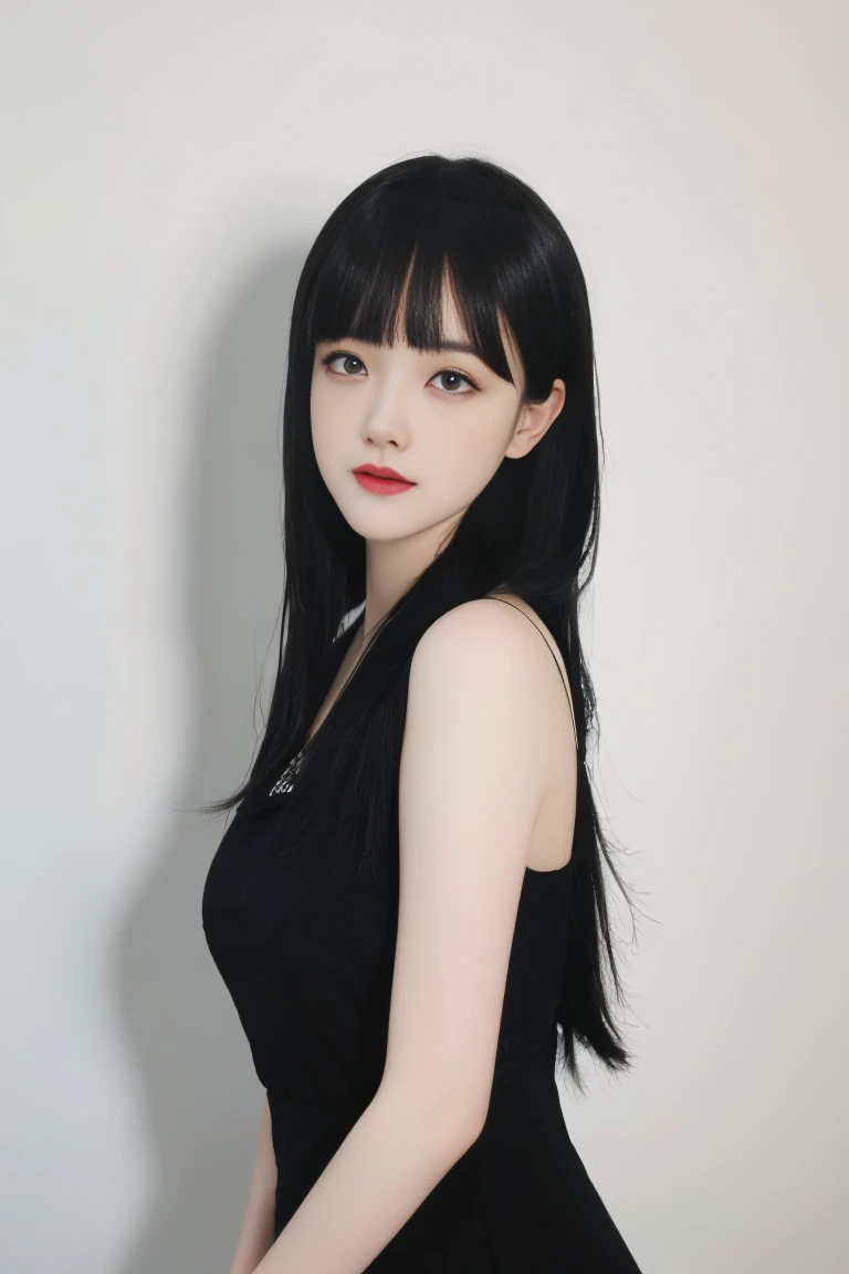 ulzzang-6500-v1.1,(raw photo:1.2),((photorealistic:1.30)), ((best quality)) ,((masterpiece)),((Ultra High Resolution)), ((Clear View)),,Ultra-high resolution,Clear face,（Reality：1.4) ,  illustration, an extremely delicate and beautiful, extremely detailed ,CG ,unity ,8k wallpaper, Amazing, finely detail, masterpiece,best quality,official art,extremely detailed CG unity 8k wallpaper,absurdres, incredibly absurdres, huge filesize, ultra-detailed, highres, extremely detailed,beautiful detailed girl, extremely detailed eyes and face, beautiful detailed eyes,light on face,cinematic lighting,1girl, 独奏, long hair, black hair, bangs, jewelry, Earring, (upper body),((looking at viewer:1.7)),indoors, room, Dress, (black dress:1.3), standing, blue eyes, Double eyelids, Blush, flushed cheeks,