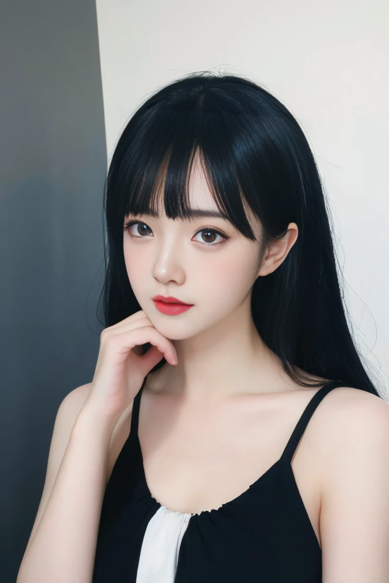 ulzzang-6500-v1.1,(raw photo:1.2),((photorealistic:1.30)), ((best quality)) ,((masterpiece)),((Ultra High Resolution)), ((Clear View)),,Ultra-high resolution,Clear face,（Reality：1.4) ,  illustration, an extremely delicate and beautiful, extremely detailed ,CG ,unity ,8k wallpaper, Amazing, finely detail, masterpiece,best quality,official art,extremely detailed CG unity 8k wallpaper,absurdres, incredibly absurdres, huge filesize, ultra-detailed, highres, extremely detailed,beautiful detailed girl, extremely detailed eyes and face, beautiful detailed eyes,light on face,cinematic lighting,1girl, 独奏, long hair, black hair, bangs, jewelry, Earring, (upper body),((looking at viewer:1.7)),indoors, room, Dress, (black dress:1.3), standing, blue eyes, Double eyelids, Blush, flushed cheeks,