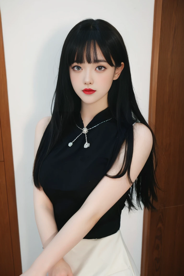 ulzzang-6500-v1.1,(raw photo:1.2),((photorealistic:1.30)), ((best quality)) ,((masterpiece)),((Ultra High Resolution)), ((Clear View)),,Ultra-high resolution,Clear face,（Reality：1.4) ,  illustration, an extremely delicate and beautiful, extremely detailed ,CG ,unity ,8k wallpaper, Amazing, finely detail, masterpiece,best quality,official art,extremely detailed CG unity 8k wallpaper,absurdres, incredibly absurdres, huge filesize, ultra-detailed, highres, extremely detailed,beautiful detailed girl, extremely detailed eyes and face, beautiful detailed eyes,light on face,cinematic lighting,1girl, 独奏, long hair, black hair, bangs, jewelry, Earring, (upper body),((looking at viewer:1.7)),indoors, room, Dress, (black dress:1.3), standing, blue eyes, Double eyelids, Blush, flushed cheeks,