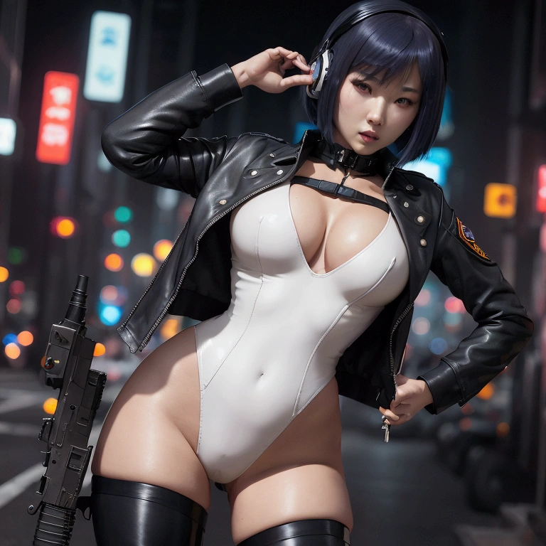 High resolution photo of a woman、Beautiful woman in a bare-chested white leotard、Dark blue bob hair、bangs、stockings、High heel boots、Holds a gun from the future、Black leather jacket、Army Jacket、ghost in the Shell、Motoko Kusanagi、City of the Future、Wear a belt around your waist、Belt with bullets、Future Soldier、