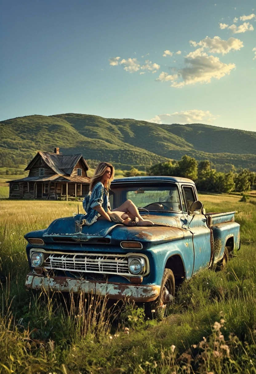 A stunning medium range shot photo by Steven Klein of a young supermodel in flannel shirt and denim pants perched atop an old, weathered blue matte pickup truck. She exudes confidence and grace as she poses barefoot amidst tall wild grass. The rustic fence and quaint farmhouse in the background hint at a serene countryside setting. A majestic mountain row looms in the distance, adding depth and scale to the scene. The overall atmosphere of the photo is natural and serene, capturing the essence of a perfect summer day., photo