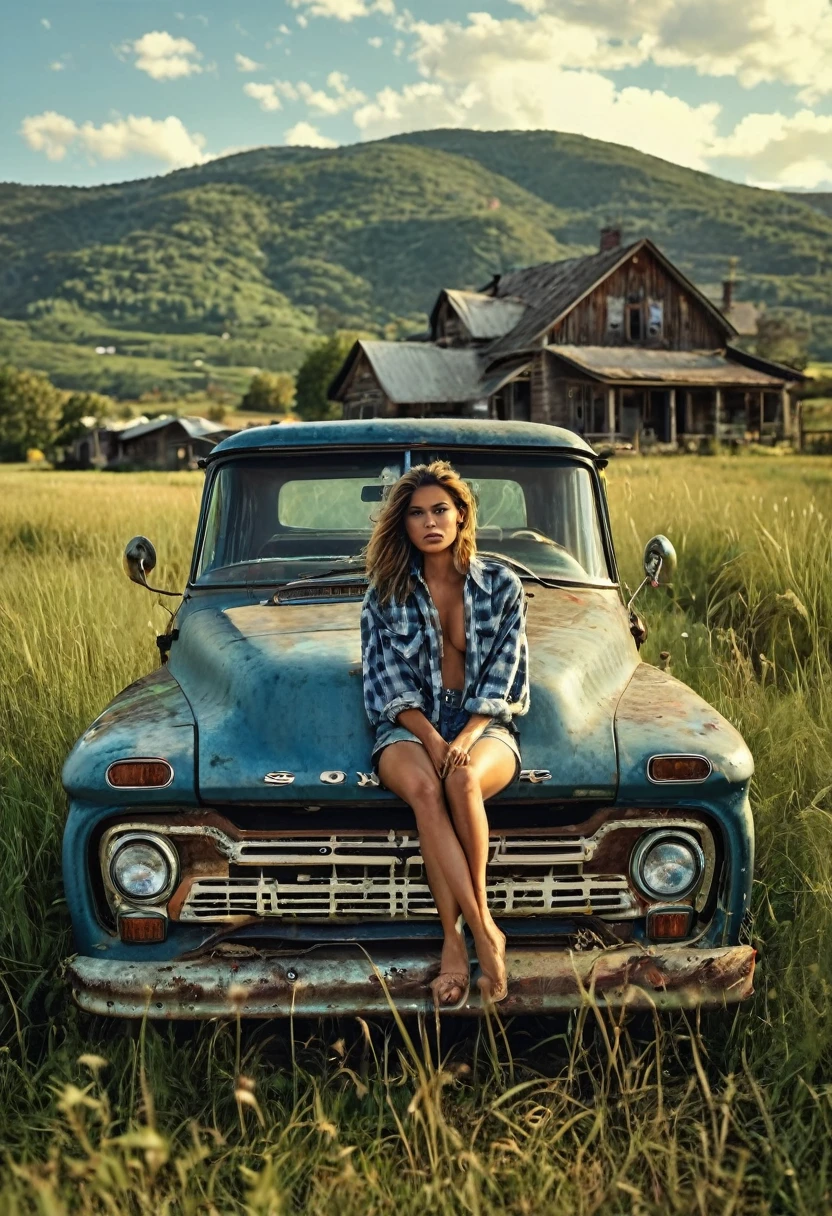 A stunning medium range shot photo by Steven Klein of a young supermodel in flannel shirt and denim pants perched atop an old, weathered blue matte pickup truck. She exudes confidence and grace as she poses barefoot amidst tall wild grass. The rustic fence and quaint farmhouse in the background hint at a serene countryside setting. A majestic mountain row looms in the distance, adding depth and scale to the scene. The overall atmosphere of the photo is natural and serene, capturing the essence of a perfect summer day., photo