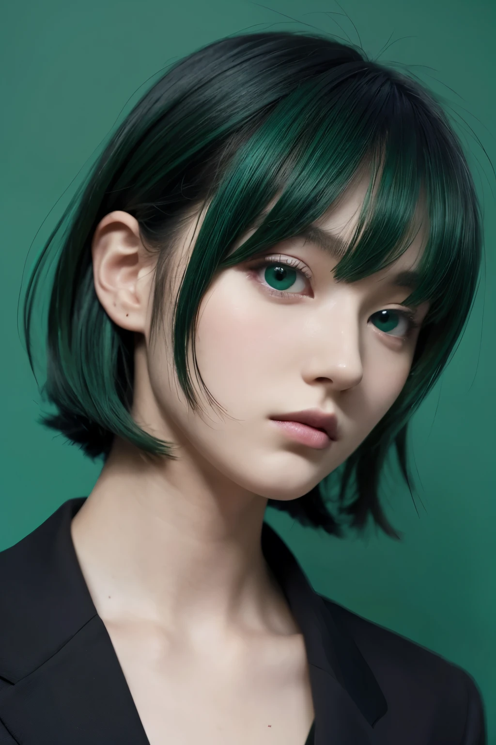 slender man, alone, Purple shirt,Anime Icon, Close-up of face, Dark green hair, Hair tips are green, Her hairstyle is medium length with a center part, Odd Eye, Right eye is yellow, Light blue left eye, Cool face, Look up a little，Black background.