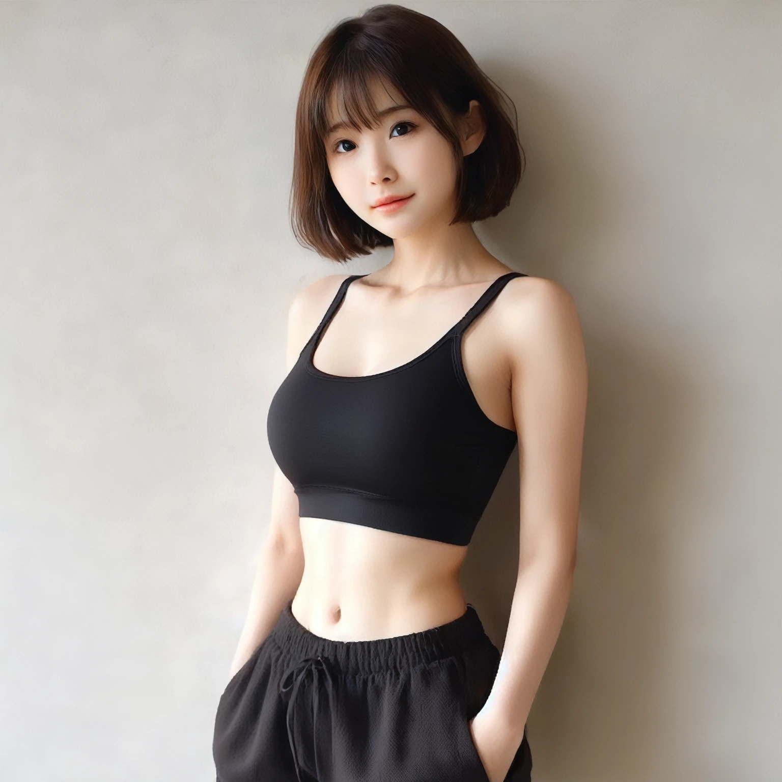 japanese 2 girls, they are twins of same tall,standingat the kitchen, (wearing a gray sports bra and simple gray casual sports shorts.:2),(photoshoot style, shooting from front, upper knee statue, body facing forward), 26 years old, (toned body type:1.2, tall height 5.35 feet), (small breast :1.2, hemispherical udder silhouette:1.2), little smiling, perorbital swelling, brown fluffy and wavy short-cut hair, natural bangs, detailed brown eyes, detailed finger, suppin, no make, (photorealsitic:1.4), (high-resolution details of human skin texture:1.2, rough skin:1.2, Uneven skin tone:1.6, skin texture must be natural:1.1), top-quality, ​masterpiece, high resolution, raw photo, natural soft light, professional lighting