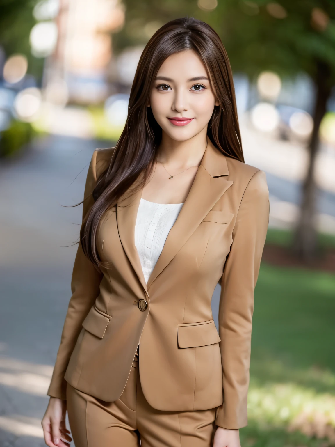 (full body,upright]1.0),masutepiece, Best Quality, Photorealistic, Ultra-detailed, finely detail, High resolution, 8K Wallpaper, 1 beautiful woman,, light brown messy hair, in a brown business suit, foco nítido, Perfect dynamic composition, Beautiful detailed eyes, detailed hairs, Detailed realistic skin texture, Smiling, Close-up portrait, Model body type, ((Random body orientation)),