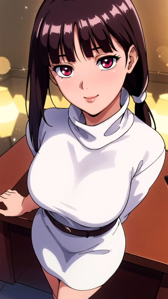 white turtleneck, black pencil shirt,black long skirt,white belt,hair ornament, hair scrunchie,low ponytail,
long hair,bangs, brunette, black hair, blunt bangs,big red eyes,alone, 1 girl,Young female, 18 years old, very cute, smile, Beautiful Finger,Beautiful long legs,Beautiful body,Beautiful Nose,Beautiful character design, perfect eyes, perfect face,expressive eyes, looking at viewer, in the center of the image,(light smile:0.5), official art, indoor, portrait, perfect lighting,Colorful, Bright_Front_face_Lighting,shiny skin, (masterpiece:1.0),(best quality:1.0), ultra high res,4K,ultra-detailed, photography, 8K, HDR, highres, absurdres:1.2, Kodak portra 400, film grain, blurry background, bokeh:1.2, lens flare, (vibrant_color:1.2), (beautiful face), (curvy body), ashamed, blushing, glossy lip rouge, glossy crimson rouge, jealousy, SFW, seductive, charming,(attractive,enchanting,fascinating,captivating,bewitching,enthralling,entrancing,attractive,gripping,engrossing)