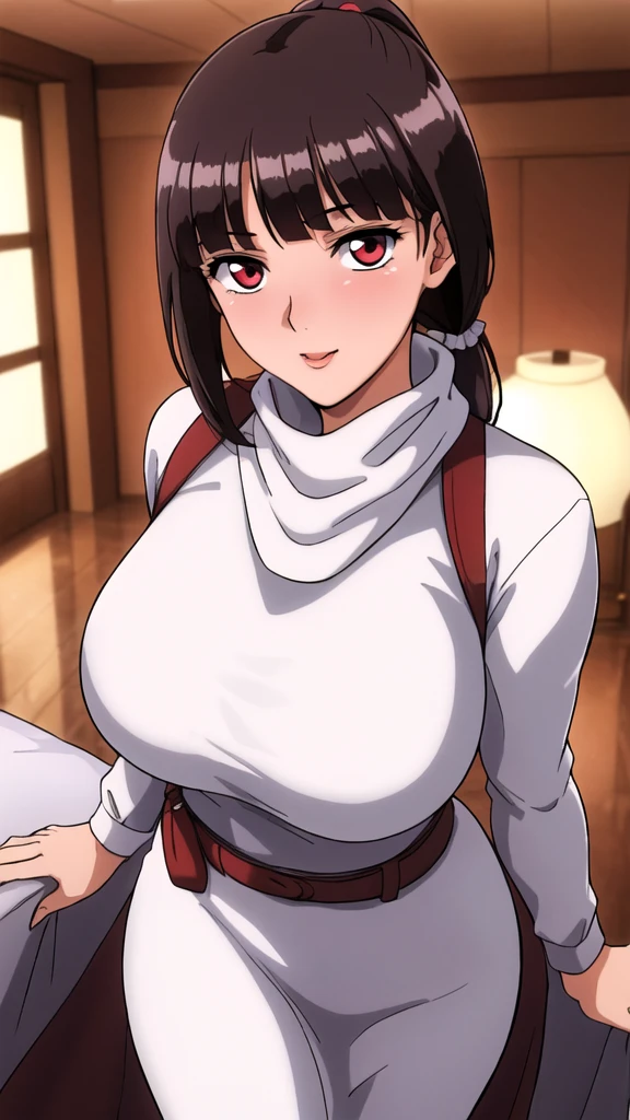 white turtleneck, black pencil shirt,black long skirt,white belt,hair ornament, hair scrunchie,low ponytail,
long hair,bangs, brunette, black hair, blunt bangs,big red eyes,alone, 1 girl,Young female, 18 years old, very cute, smile, Beautiful Finger,Beautiful long legs,Beautiful body,Beautiful Nose,Beautiful character design, perfect eyes, perfect face,expressive eyes, looking at viewer, in the center of the image,(light smile:0.5), official art, indoor, portrait, perfect lighting,Colorful, Bright_Front_face_Lighting,shiny skin, (masterpiece:1.0),(best quality:1.0), ultra high res,4K,ultra-detailed, photography, 8K, HDR, highres, absurdres:1.2, Kodak portra 400, film grain, blurry background, bokeh:1.2, lens flare, (vibrant_color:1.2), (beautiful face), (curvy body), ashamed, blushing, glossy lip rouge, glossy crimson rouge, jealousy, SFW, seductive, charming,(attractive,enchanting,fascinating,captivating,bewitching,enthralling,entrancing,attractive,gripping,engrossing)