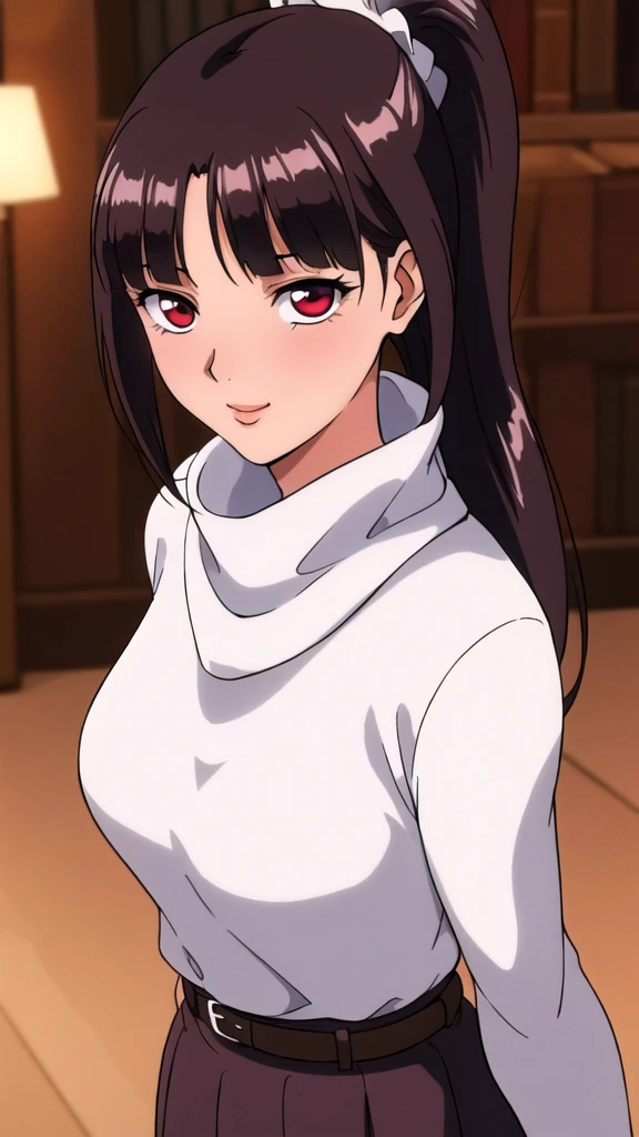 white turtleneck, black pencil shirt,black long skirt,white belt,hair ornament, hair scrunchie,low ponytail,
long hair,bangs, brunette, black hair, blunt bangs,big red eyes,alone, 1 girl,Young female, 18 years old, very cute, smile, Beautiful Finger,Beautiful long legs,Beautiful body,Beautiful Nose,Beautiful character design, perfect eyes, perfect face,expressive eyes, looking at viewer, in the center of the image,(light smile:0.5), official art, indoor, portrait, perfect lighting,Colorful, Bright_Front_face_Lighting,shiny skin, (masterpiece:1.0),(best quality:1.0), ultra high res,4K,ultra-detailed, photography, 8K, HDR, highres, absurdres:1.2, Kodak portra 400, film grain, blurry background, bokeh:1.2, lens flare, (vibrant_color:1.2), (beautiful face), (curvy body), ashamed, blushing, glossy lip rouge, glossy crimson rouge, jealousy, SFW, seductive, charming,(attractive,enchanting,fascinating,captivating,bewitching,enthralling,entrancing,attractive,gripping,engrossing)