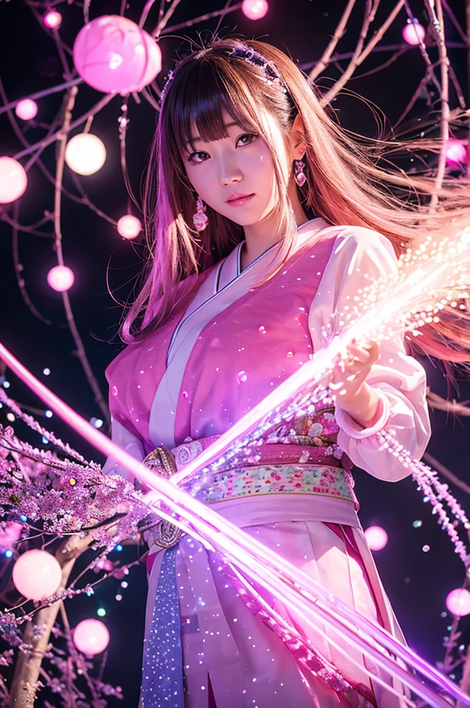 This image is、Featuring ultra-realistic, live-action Japanese beauties。The background is dotted with magical lights.、Pink and purple light、Floating transparent bubbles floating around。The beautiful girl's costume is a light pink dress.、It features a relaxed design。The pose is looking back、Showing a natural look。As a photographic technique、Use soft focus、Emphasizing the fantastical atmosphere。By skillfully using the placement of lights and the reflection of light,、The beautiful girl's contours and facial expressions are photographed in a way that makes them stand out softly.。The composition on a vertical screen、The light balance between the subject and the background is well captured.。