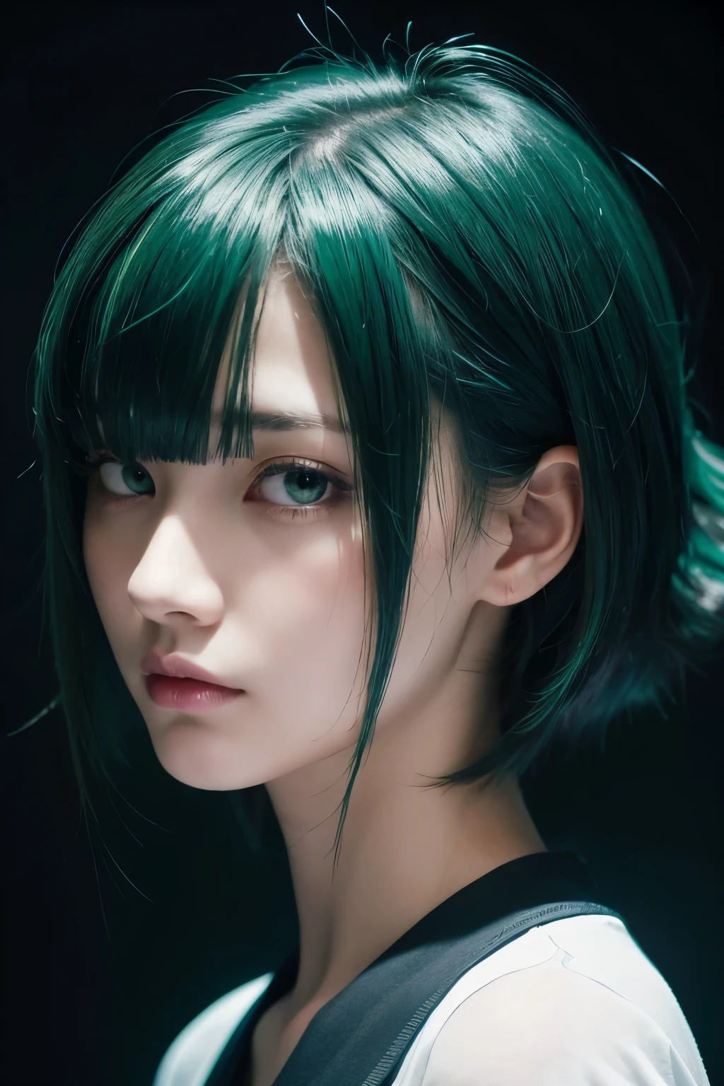 slender man, alone, Purple shirt,Anime Icon, Close-up of face, Dark green hair, Hair tips are green, Her hairstyle is medium length with a center part, Odd Eye, Right eye is yellow, Light blue left eye, Cool face, Look up a little，Black background.