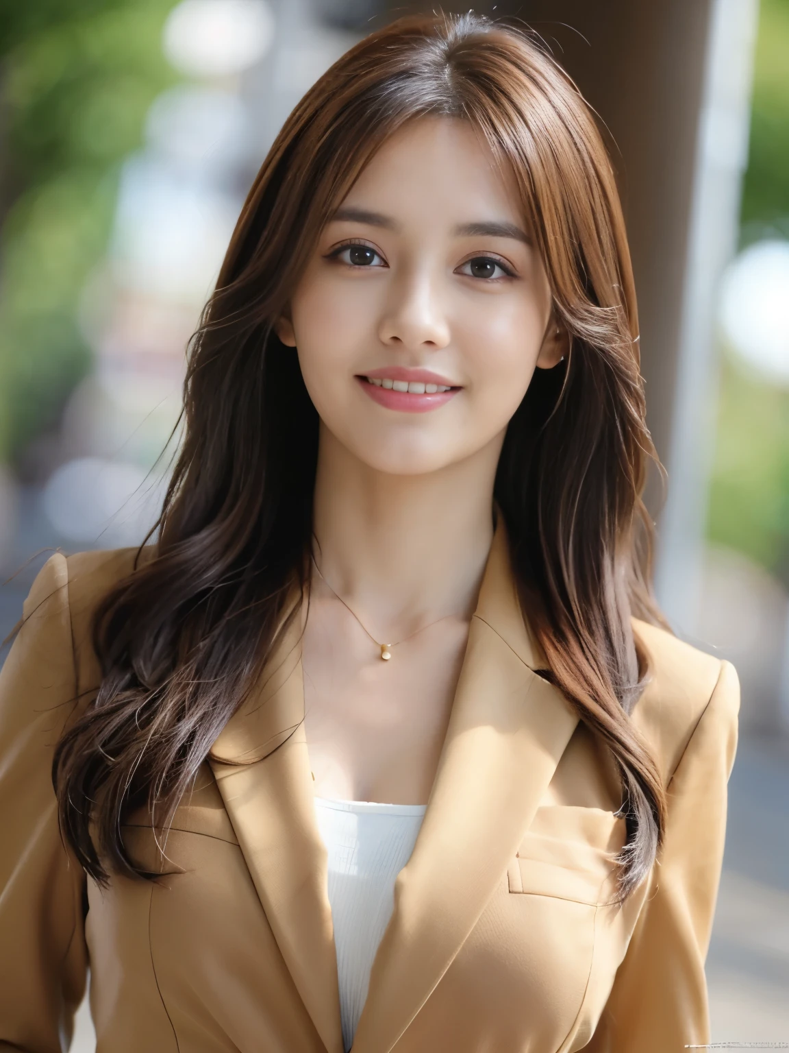 table top, best quality, realistic, very detailed, Detail, high resolution, 8k wallpapers, 1 beautiful woman,, Light brown messy hair, in a business suit, sharp focus, Fully dynamic configuration, beautiful and delicate eyes, detailed hair, 섬세하고 realistic 피부 결, laugh, Close-up portrait, Model Body Type
