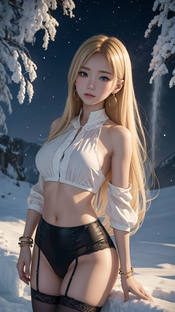 The neutral beings try to mediate the conflict between the two sides, but they are resented by both. They stand on the border where fire and ice clash, wishing for peace between the two. 8k , HD, highly detailed, realistic, photography, photo realism, --ar 9:16 -- at 6.0 --s 750,19 years old, alone, Long Hair, View your viewers, Blonde, Brown eyes, gem, whole body, Realistic, Sexy、Big Breasts 、stockings、clip on earrings,during,bracelet、embarrassed,blouse、