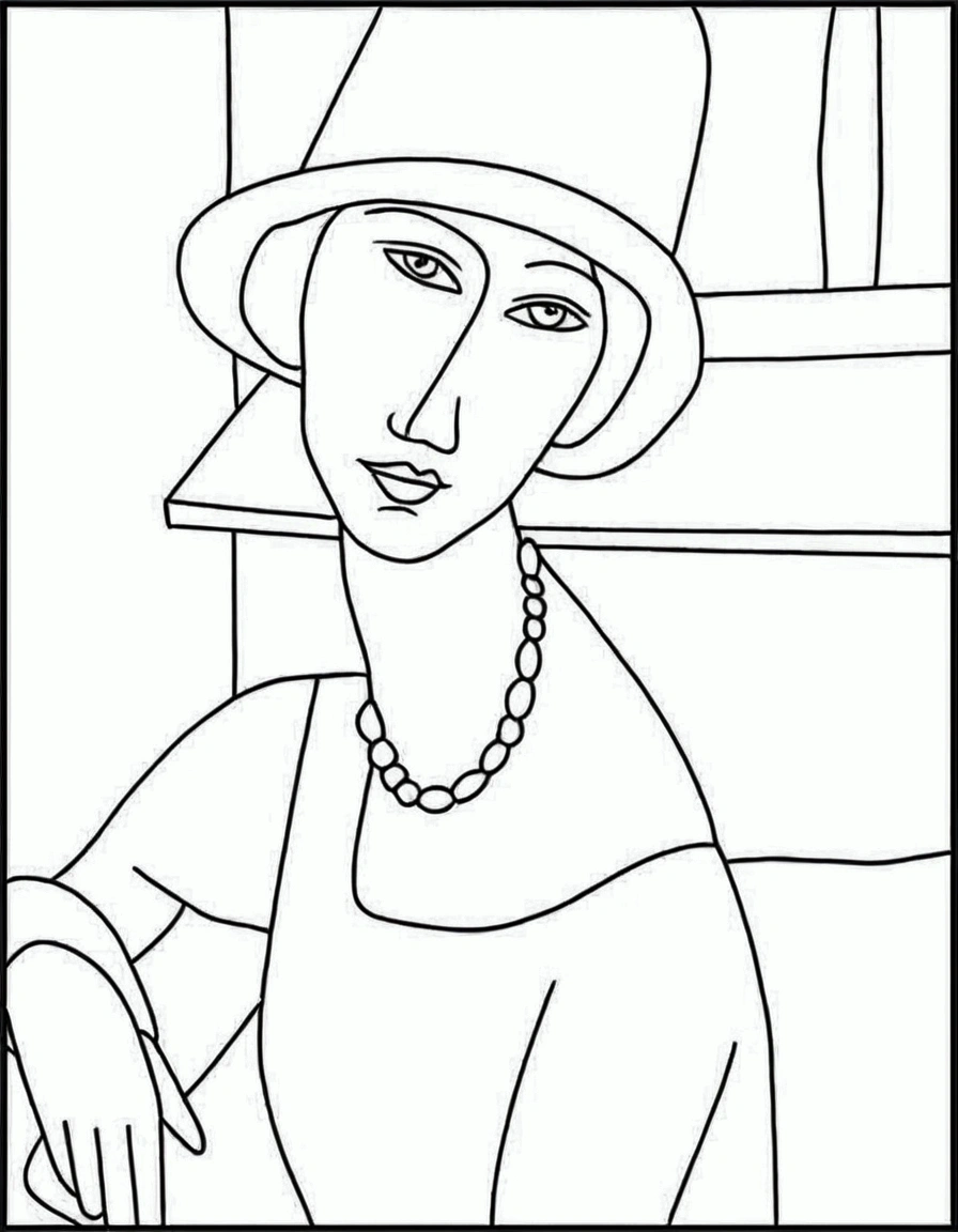 a drawing of a woman in a hat and dress, inspired by Amedeo Modigliani, woman with hat, modigliani, inspired by Georges Lemmen, done in the style of matisse, matisse, by Amedeo Modigliani, modern art, by Jean Metzinger, outlined art, art style, masterpiece art