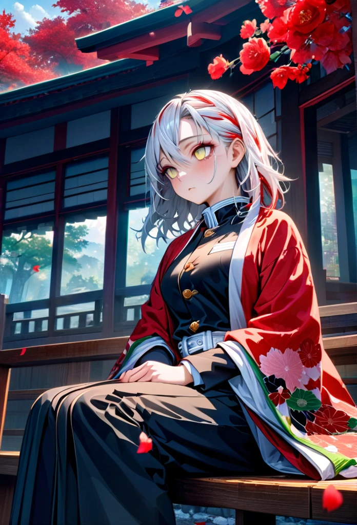 Ultra detailed, high resolution, absurd, HDR, masterpiece, anime girl, beautiful woman, long white hair with red streaks, long red streaks on the hair, expressive yellow eyes, red haori, black demon slayer uniform, wearing black pants,Kimetsu No Yaiba, fantasy , petals, red flowers, beautiful, woman sitting alone on a wooden bench, alone, afternoon, sun, forest next to a Japanese house, best quality, extremely detailed face and eyes, expressionless, apathetic, deep dark circles under the eyes, eyes without life