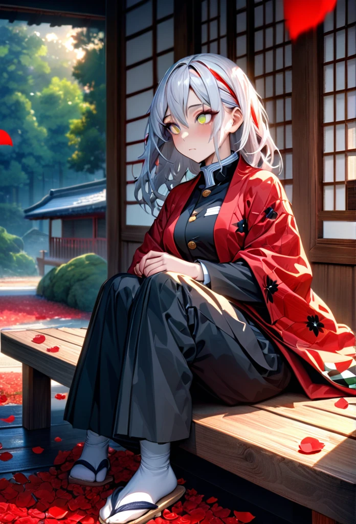 Ultra detailed, high resolution, absurd, HDR, masterpiece, anime girl, beautiful woman, long white hair with red streaks, long red streaks on the hair, expressive yellow eyes, red haori, black demon slayer uniform, wearing black pants,Kimetsu No Yaiba, fantasy , petals, red flowers, beautiful, woman sitting alone on a wooden bench, alone, afternoon, sun, forest next to a Japanese house, best quality, extremely detailed face and eyes, expressionless, apathetic, deep dark circles under the eyes, eyes without life